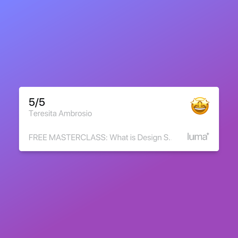 Mobile app screen displaying a progress card for a masterclass course titled 'What is Design S' by Teresita Ambrosio, with a 5 out of 5 rating and a starry-eyed emoji.
