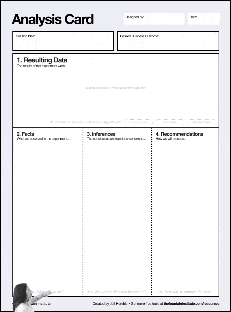 A demo of an experiment analysis card being filled by a team in an experiment retro
