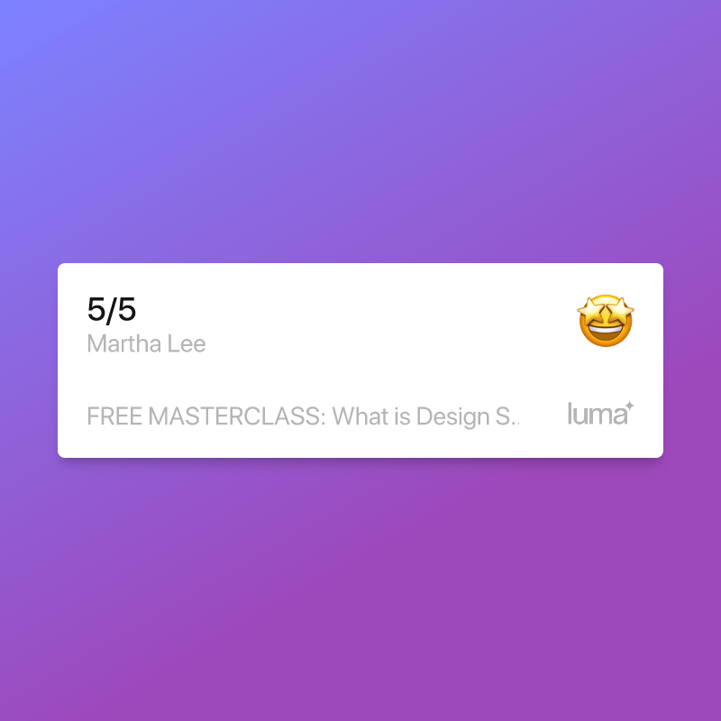 App notification showing a score of 5 out of 5 for Martha Lee, with an emoji of a smiling face with starry eyes, and a message about a free masterclass.