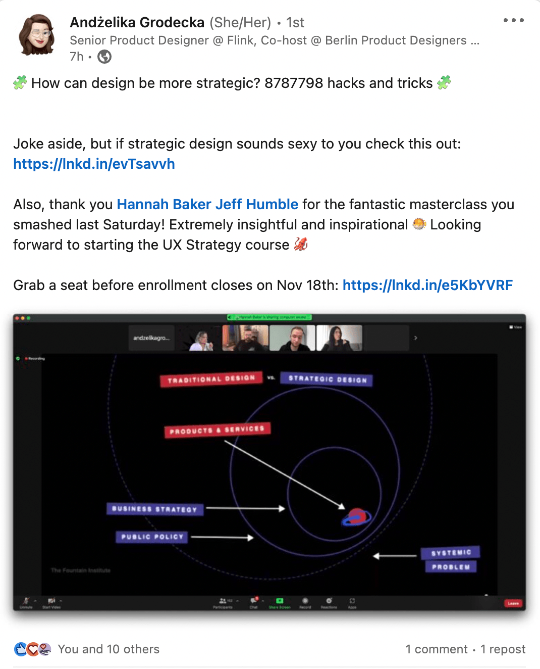 A screenshot of a Zoom virtual meeting showing a slide with a diagram comparing traditional design and strategic design in a presentation about UX strategy.
