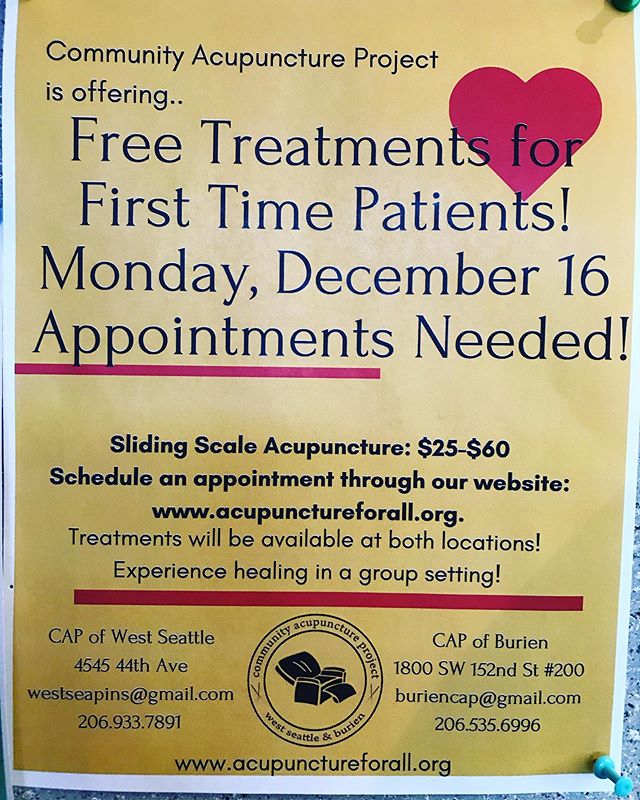 Happening today! #freeacupuncture #firsttimers #jointhefun #communityacupuncture