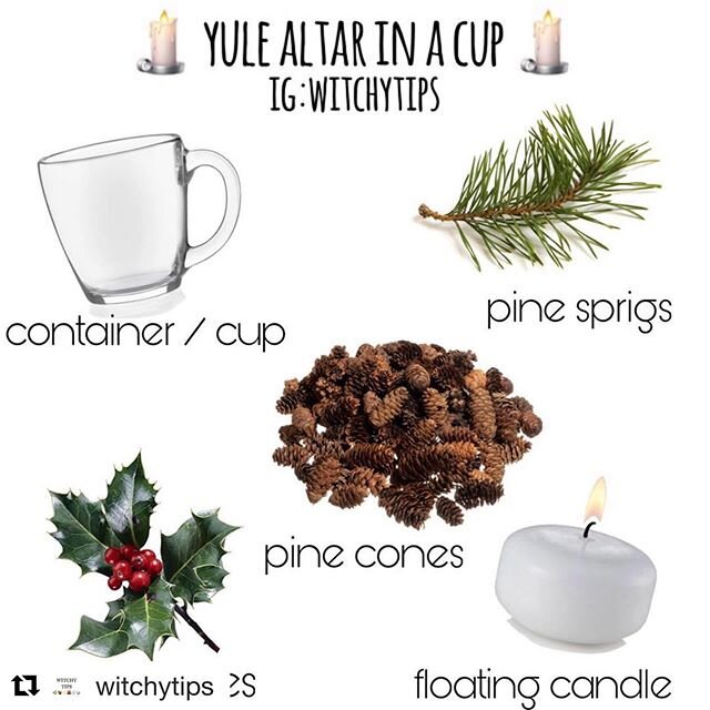 Thanks for the fun ideas @witchytips! ・・・
YULE ALTAR IN A CUP! 🕯❄️ This incorporates the elements of water, earth &amp; fire into one small altar! Burn an incense beside it to represent air and you have a full-rounded altar! You can use any type of 