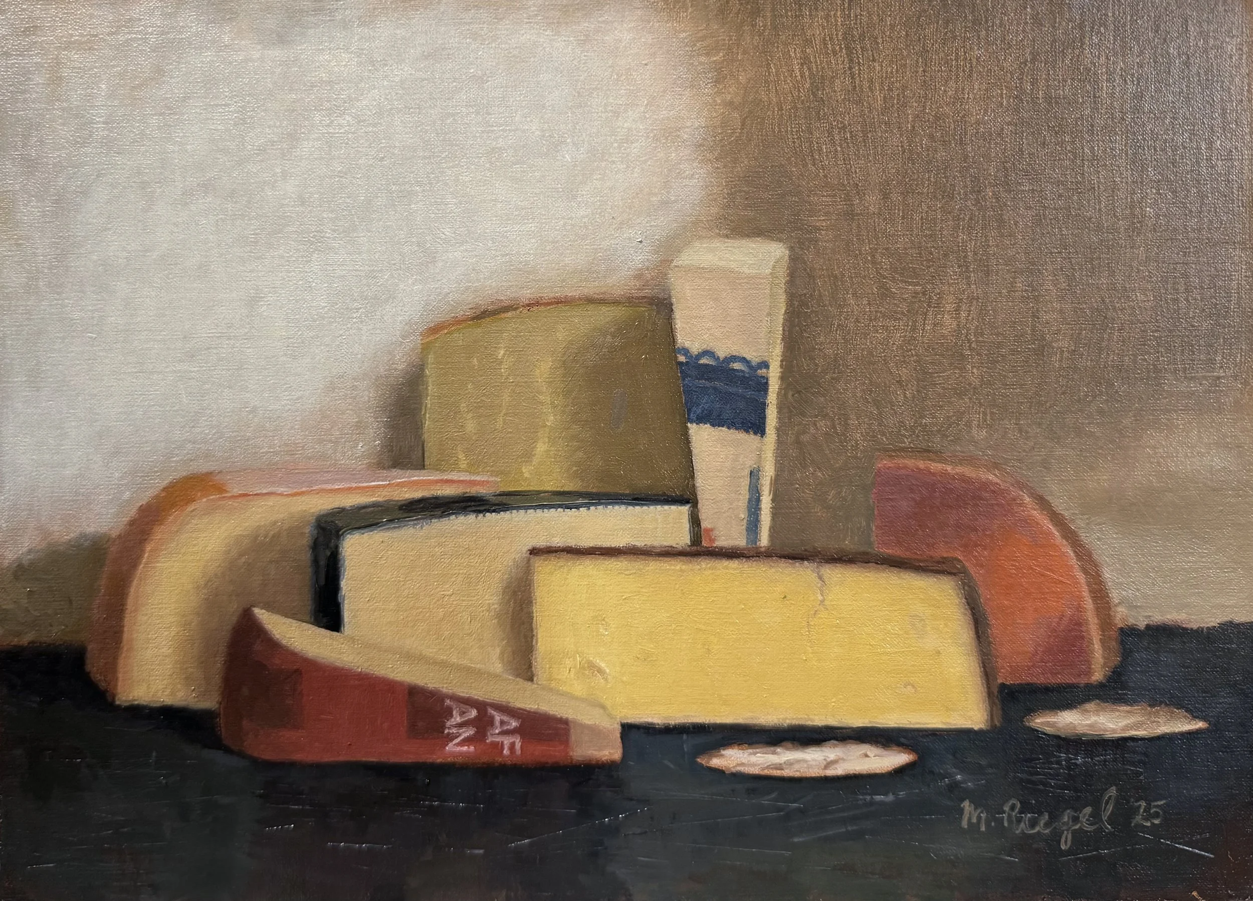A still life painting of various cheese blocks and wedges placed on a dark surface, with a plain beige wall in the background.