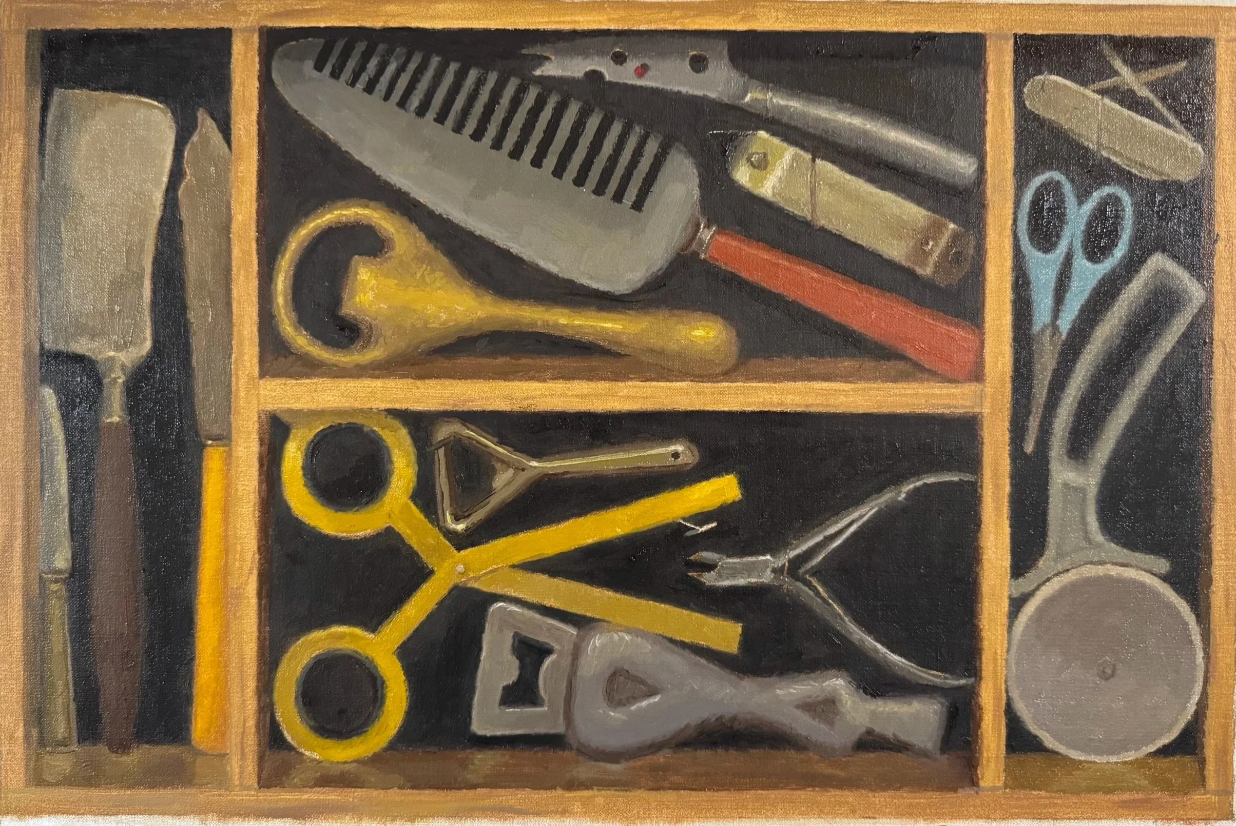 Painting of kitchen utensils and tools arranged in compartments, including scissors, a toothbrush, a hammer, a wrench, a pipe wrench, and a screwdriver.