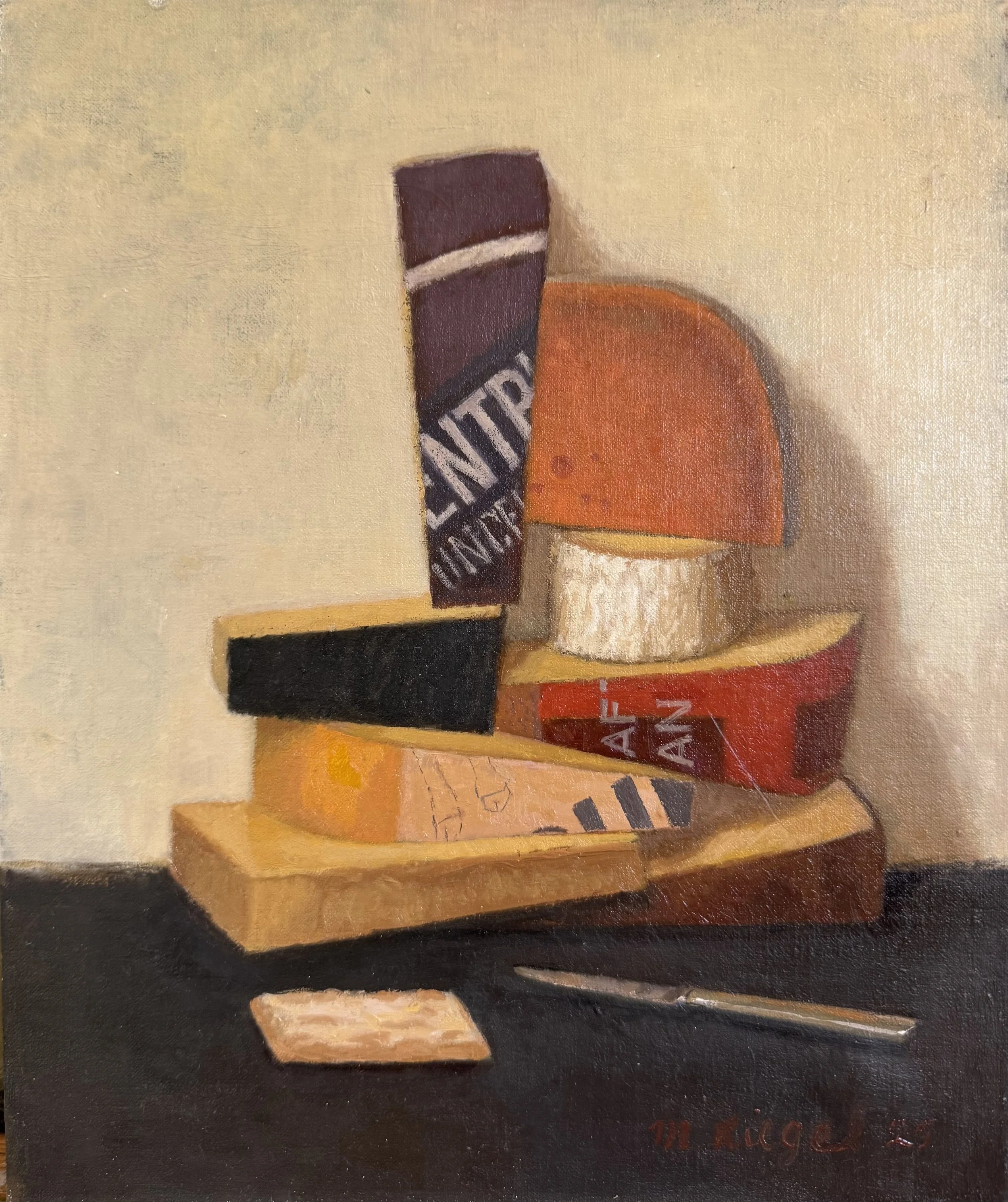 Painting of a cheese and cracker platter with various cheeses, crackers, and a knife on a dark surface.