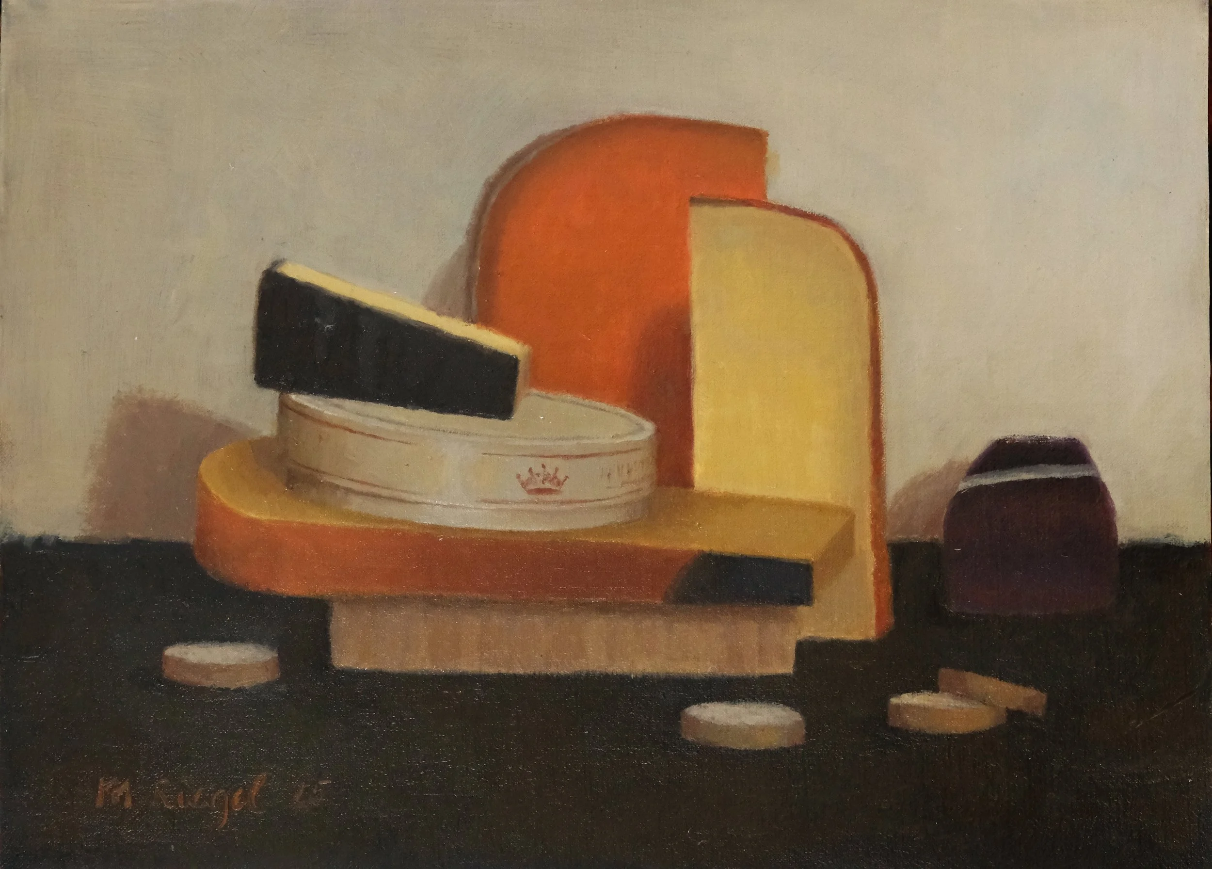 Still life painting of various cheeses on a dark surface with a light background, including a large orange cheese with a wedge cut out, a block of dark cheese, a round cheese in a container, and smaller cheese pieces.