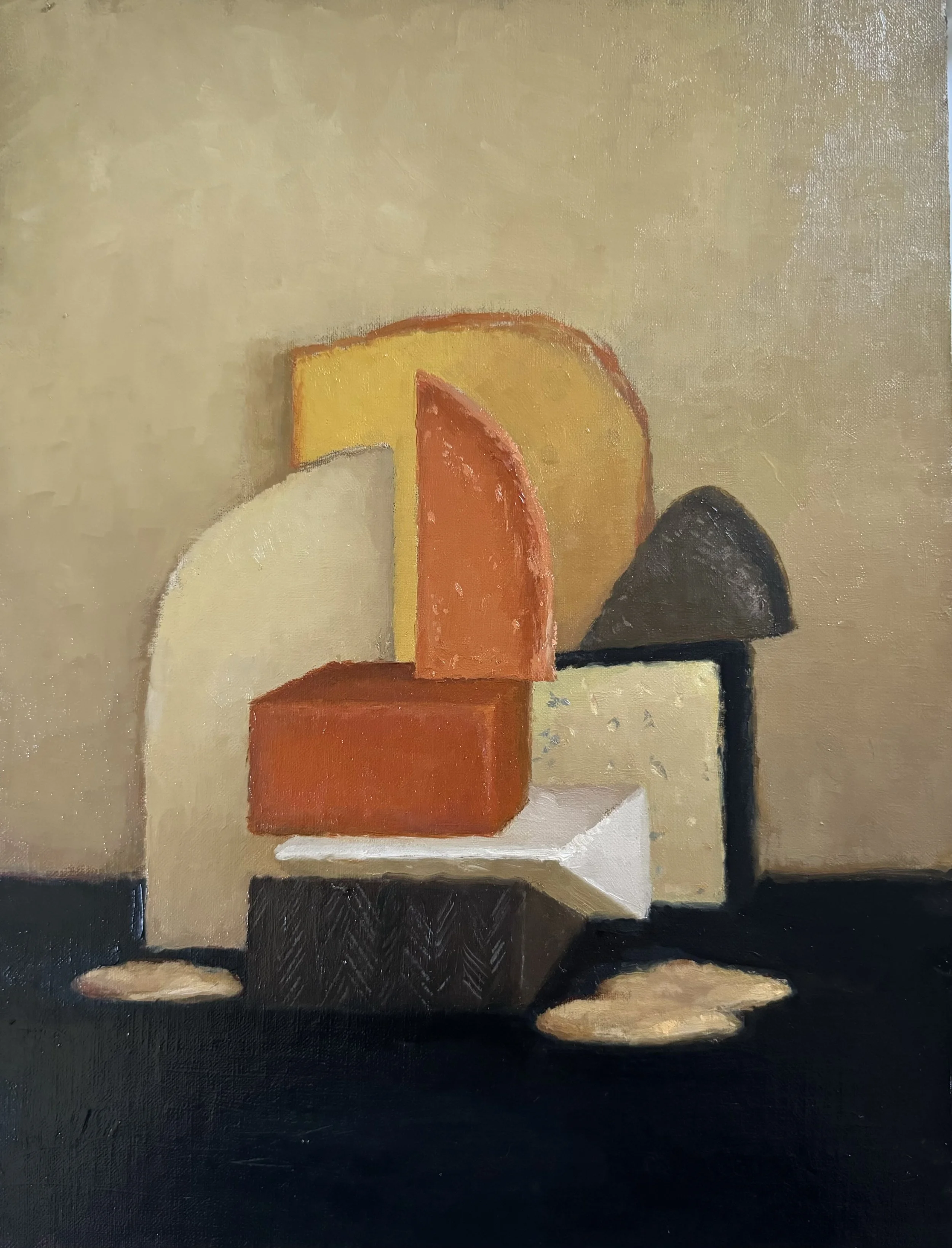 A still life painting of various geometric and abstract shapes in warm tones, arranged on a stand against a beige background.