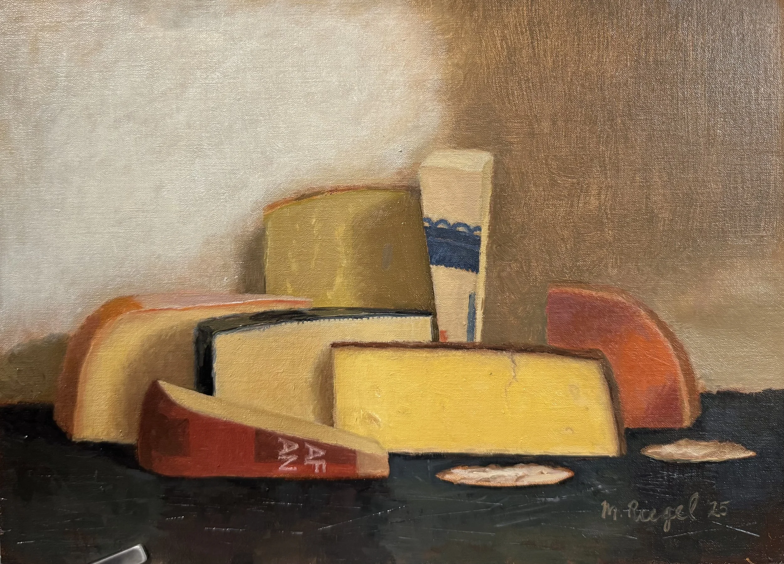 Painting of various cheese blocks arranged on a dark surface against a textured background.