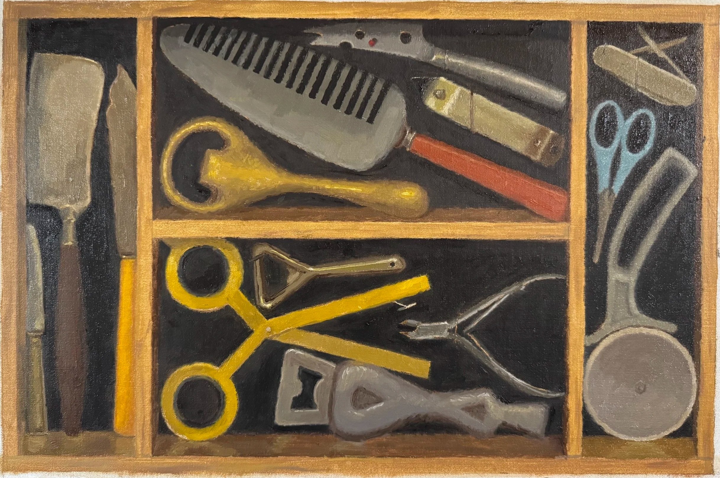 An illustration of various grooming tools organized in a wooden compartment, including scissors, a comb, nail clippers, a nail file, a brush, tweezers, and a grooming clipper.