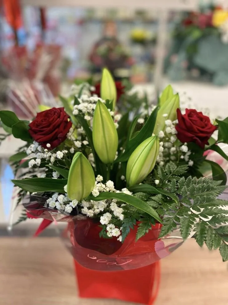 Roses and Lilies hand tied bouquet.jpg