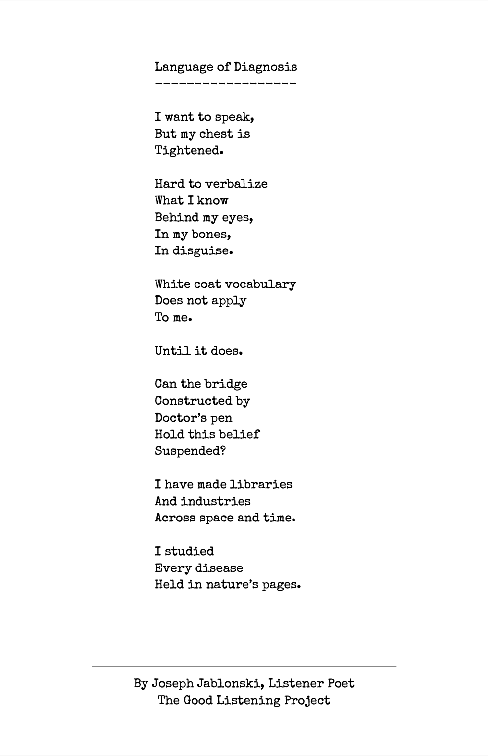 Language of Diagnosis poem - Listener Poet Joseph Jablonski - The Good Listening Project - 2024.03.16 page 1.png