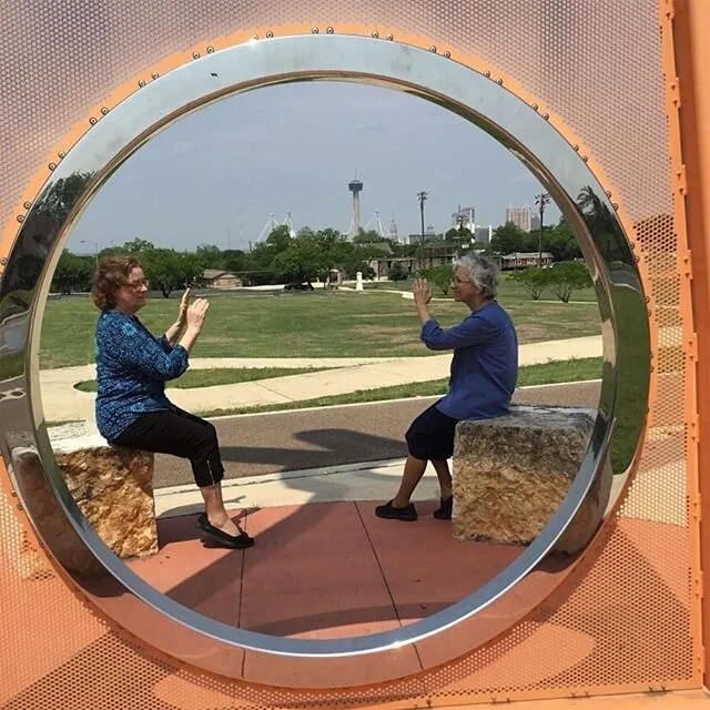 While on their daily walk to get some fresh air and to enjoy nature, Sisters Jo Goolish and Yolanda Escamilla often pass this distinctive sculpture in San Antonio, Texas. It is aptly titled &quot;Open Hand, Open Mind, Open Heart.&quot; The Sisters fi