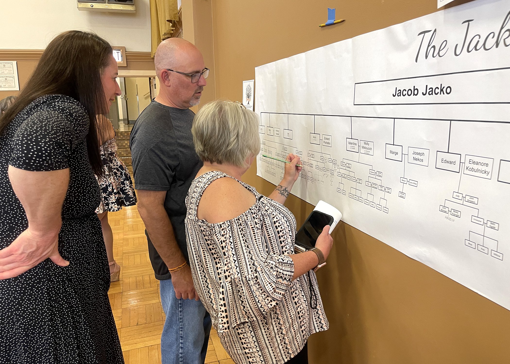  Members of the Jacko Family explore the many branches of their complex family tree during Sister Cecilia Jacko's 75th Jubilee celebration on July 13, 2024. 