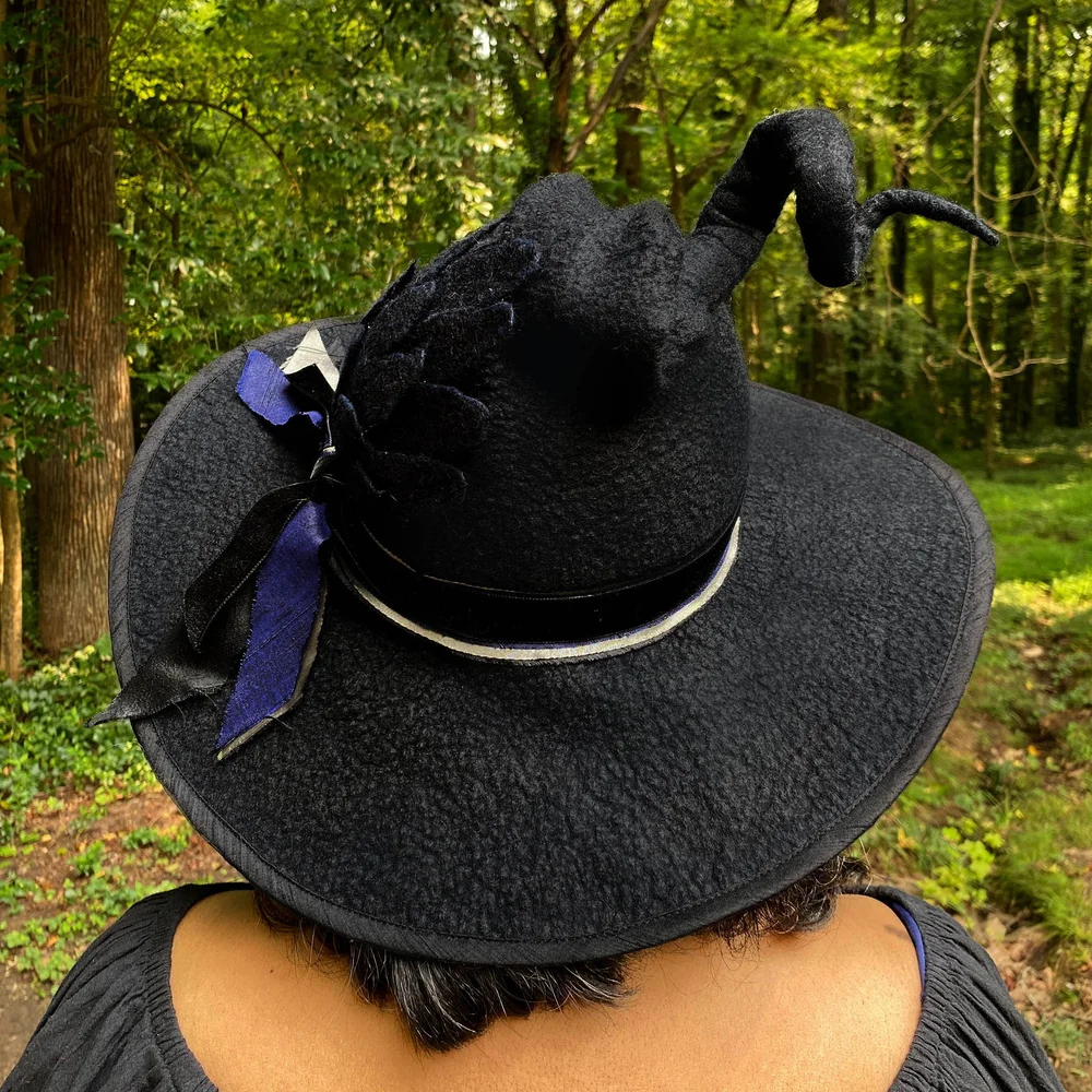 Hand-Crafted Witch’s Hat with Raven, Real Feathers and Scarf Raven Black Felt Witch Hat: Bird Skull Bow, Slanted Brim  main image 3