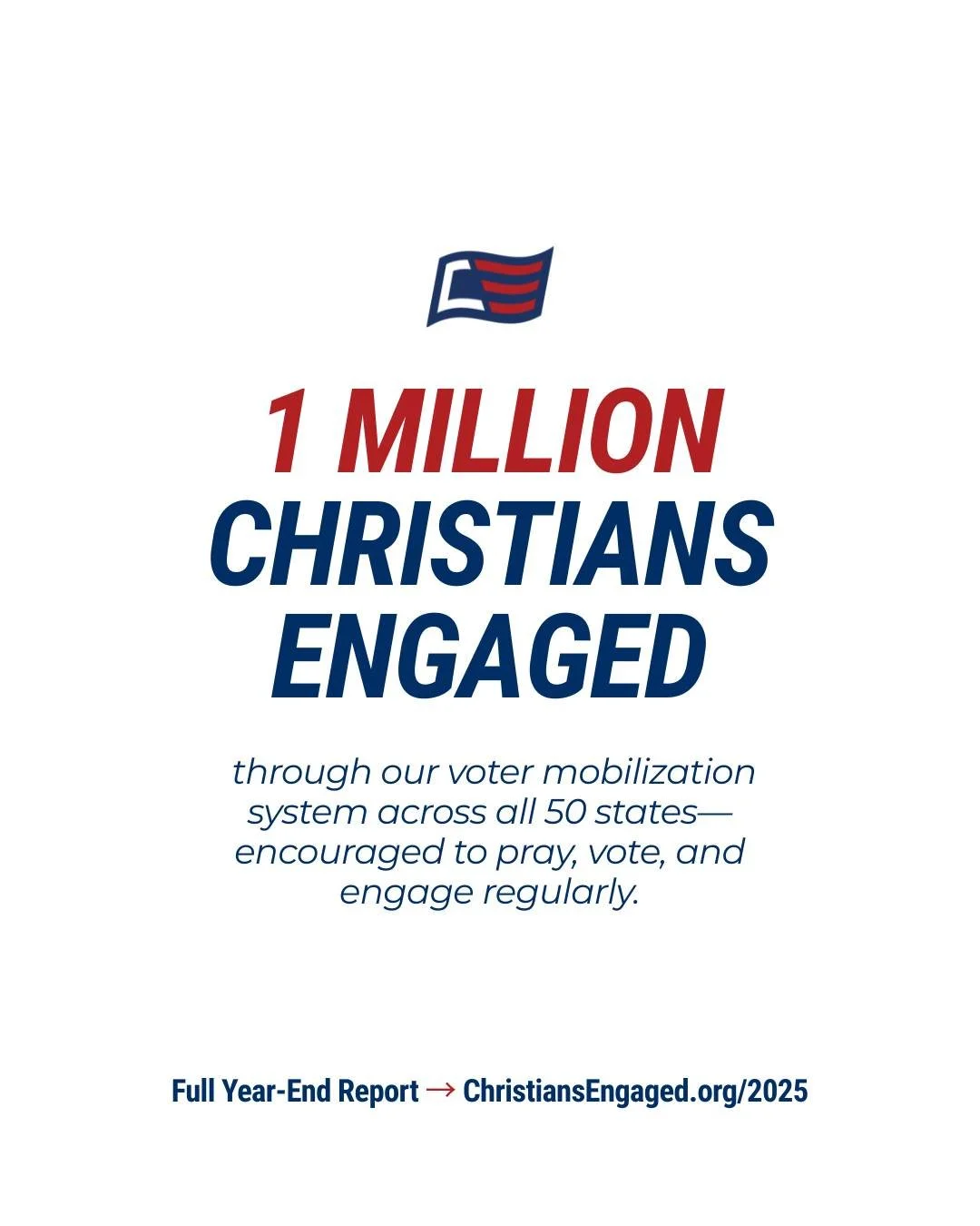 🎉 We just crossed 1,000,000 people served&mdash;across all 50 states!

Through our voter mobilization system, Christians everywhere are being encouraged to pray, vote, and engage with faithfulness and courage.

Want to see everything God has done th