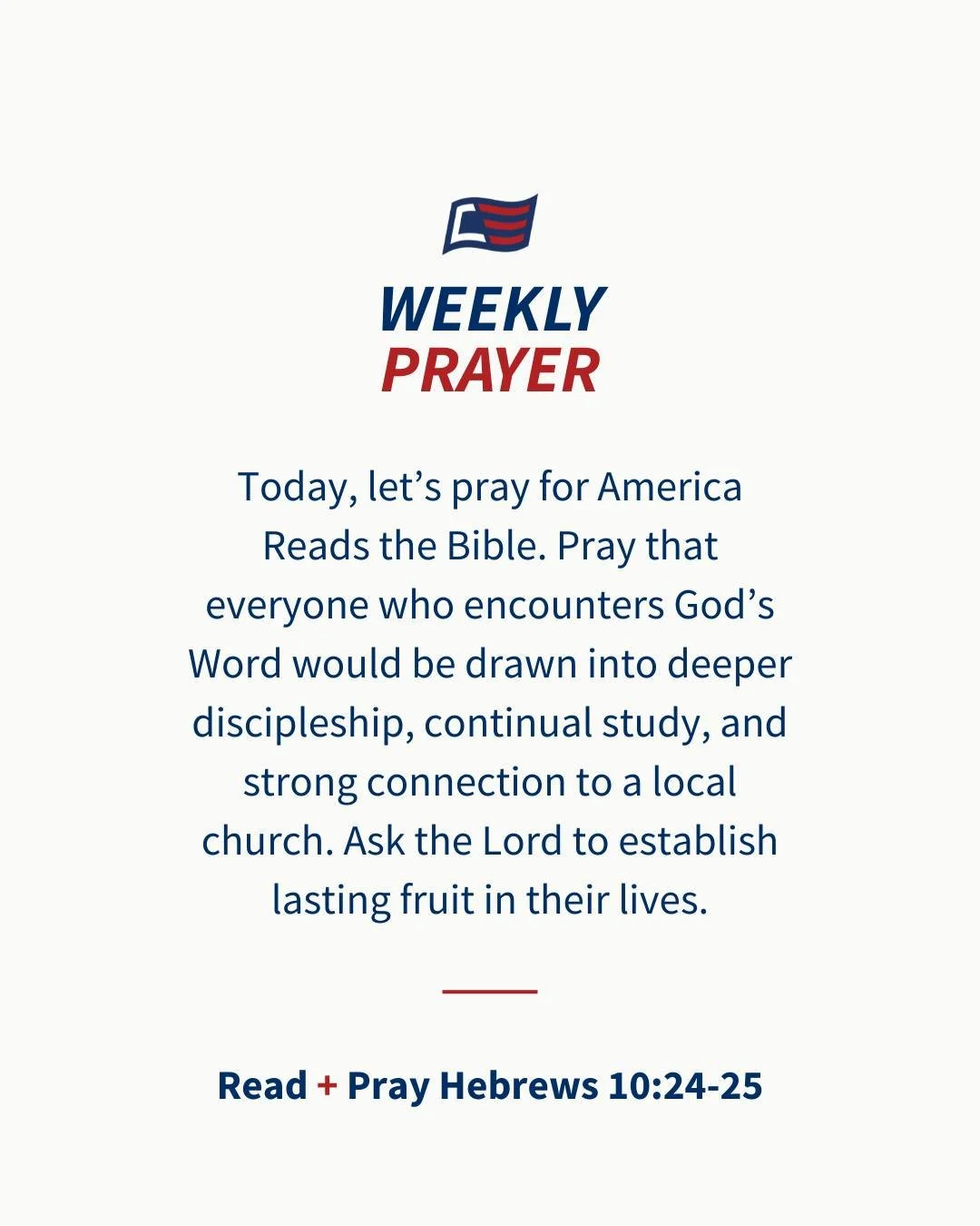 Stay faithful in prayer 🇺🇸

&ldquo;Not forsaking the assembling of ourselves together&hellip;&rdquo; &mdash; Hebrews 10:24&ndash;25

Let&rsquo;s keep praying for lasting fruit, discipleship, and strong community.

#AmericaReadsTheBible #PrayForAmer
