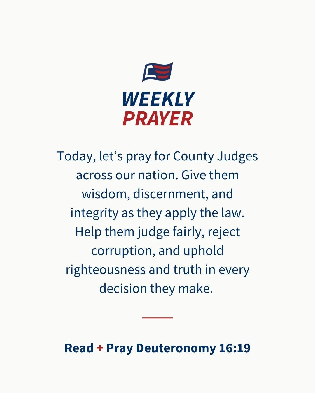 Praying for County Judges this week.

For wisdom. For fairness. For integrity.

📖 Deuteronomy 16:19 (NKJV)

Start with prayer.

#WeeklyPrayer #Judges #Justice #ChristiansEngaged