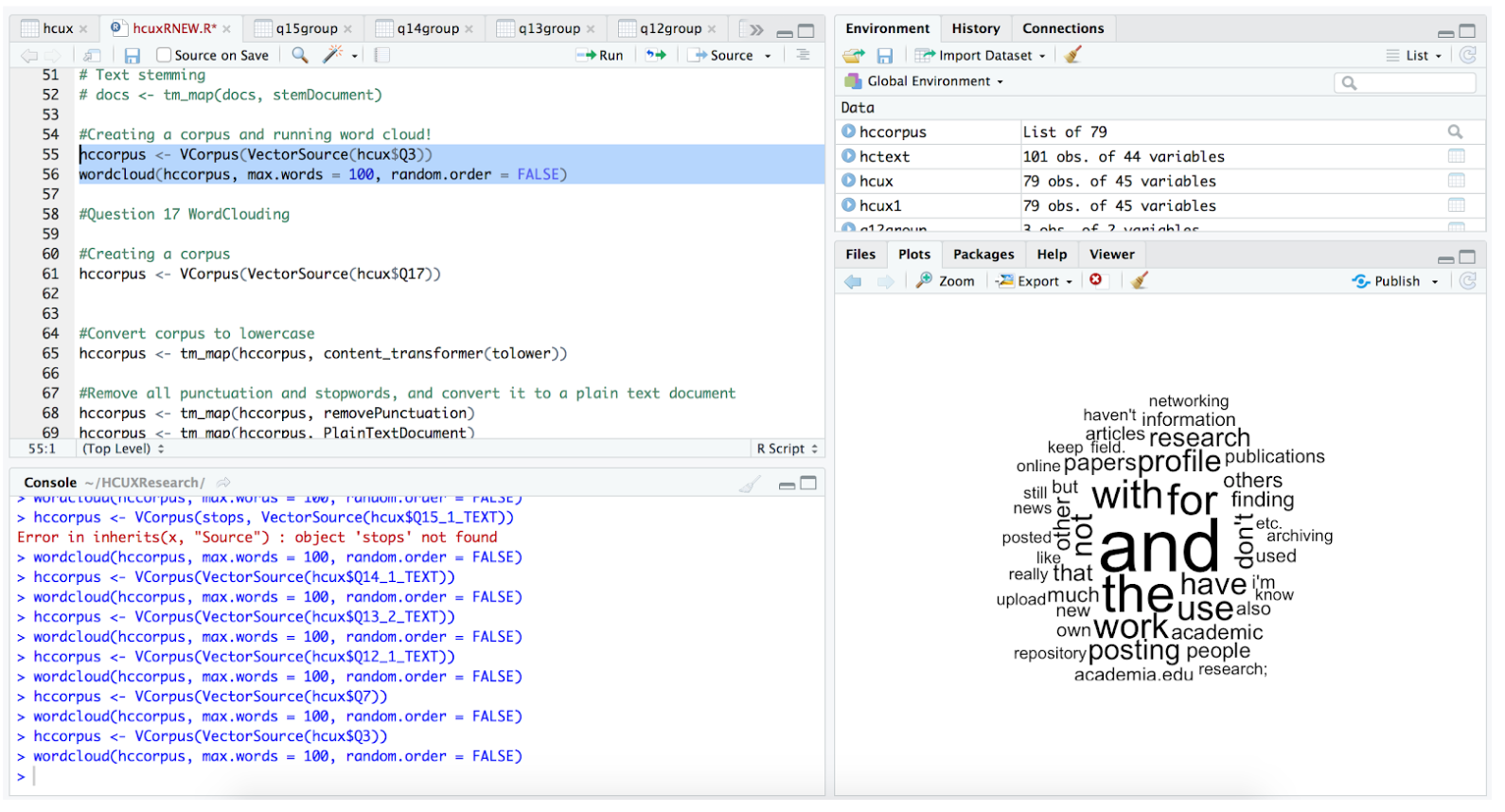  Screenshot of some code written in R to produce a word bubble, to find out what people mostly use Humanities Commons for. 