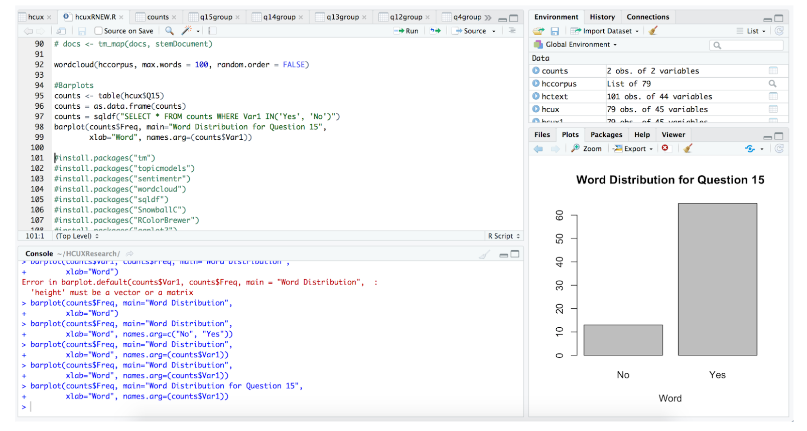  Screenshot of code written in R to produce a bar graph, to find out whether or not users would recommend Humanities Commons to their colleagues. 