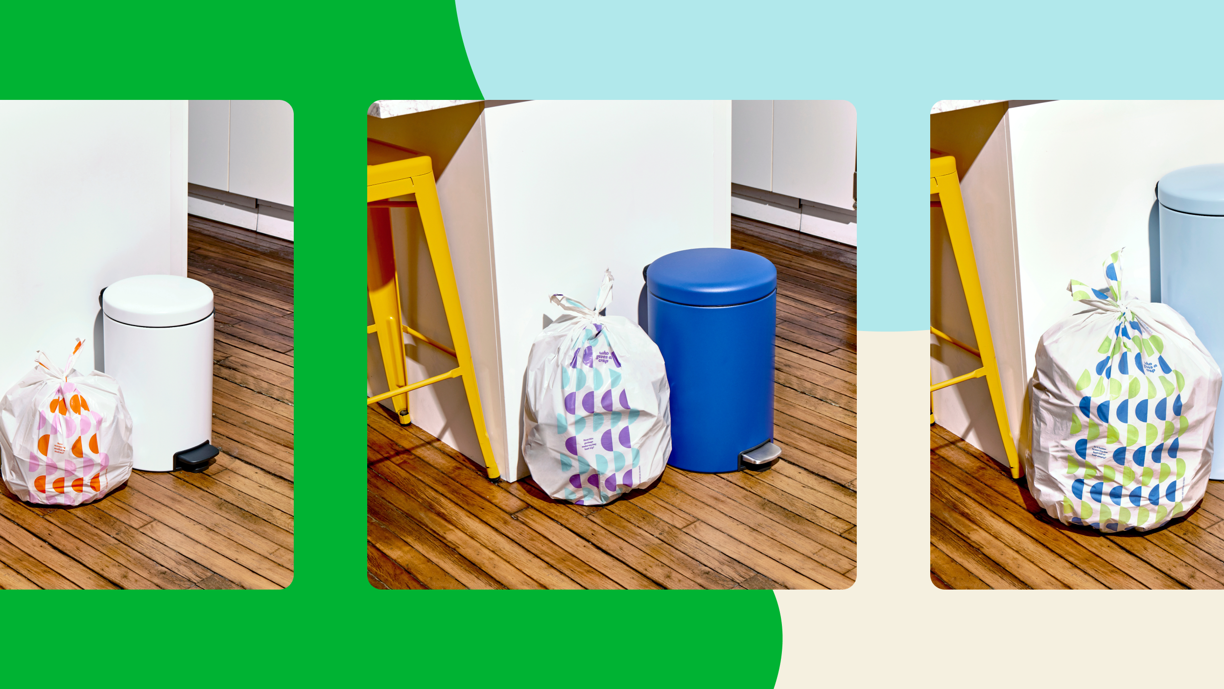 A collage of Who Gives A Crap's eco-friendly garbage bags.