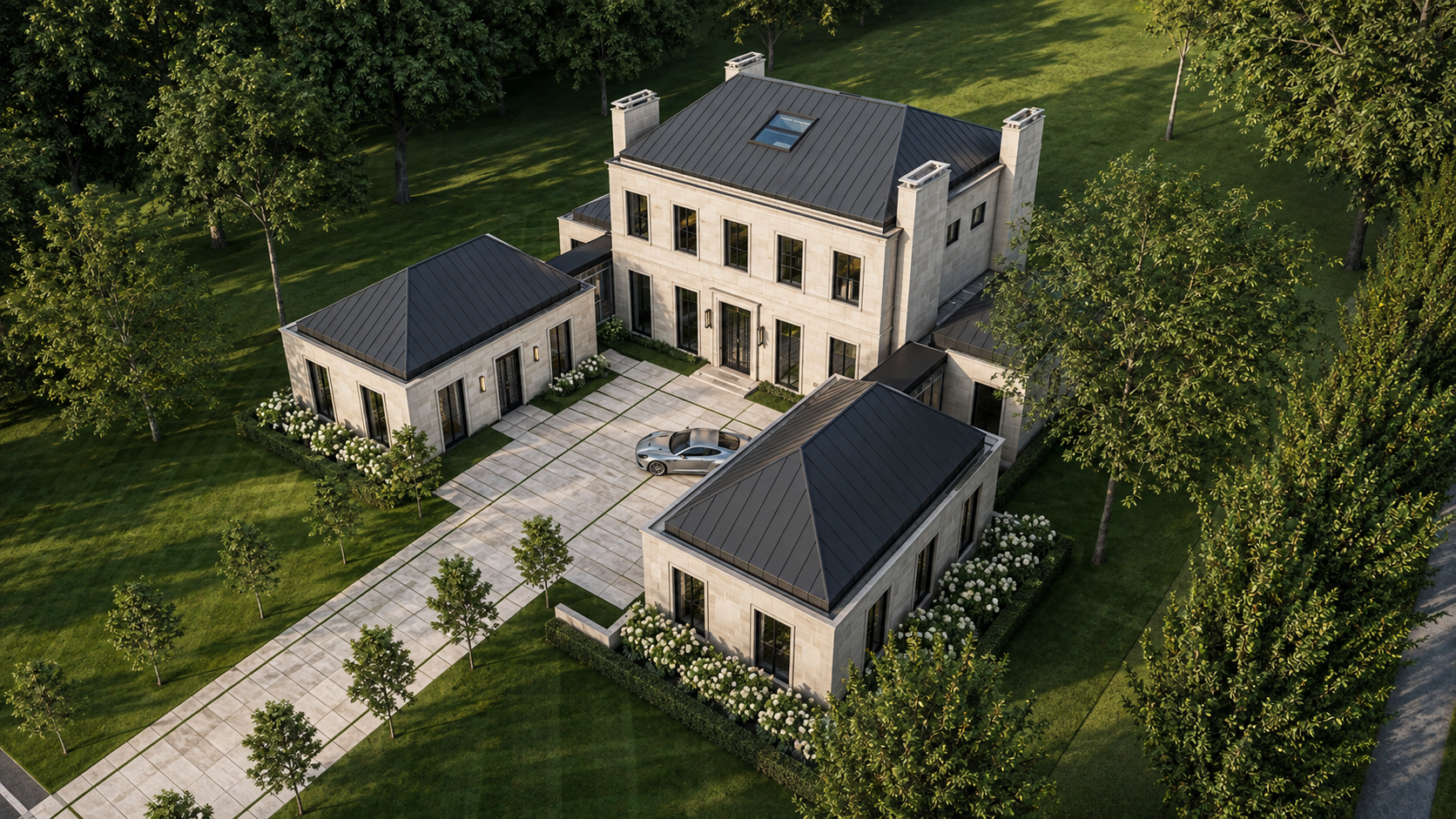 Contemporary limestone estate viewed from the motor court in Essex Fells, New Jersey.