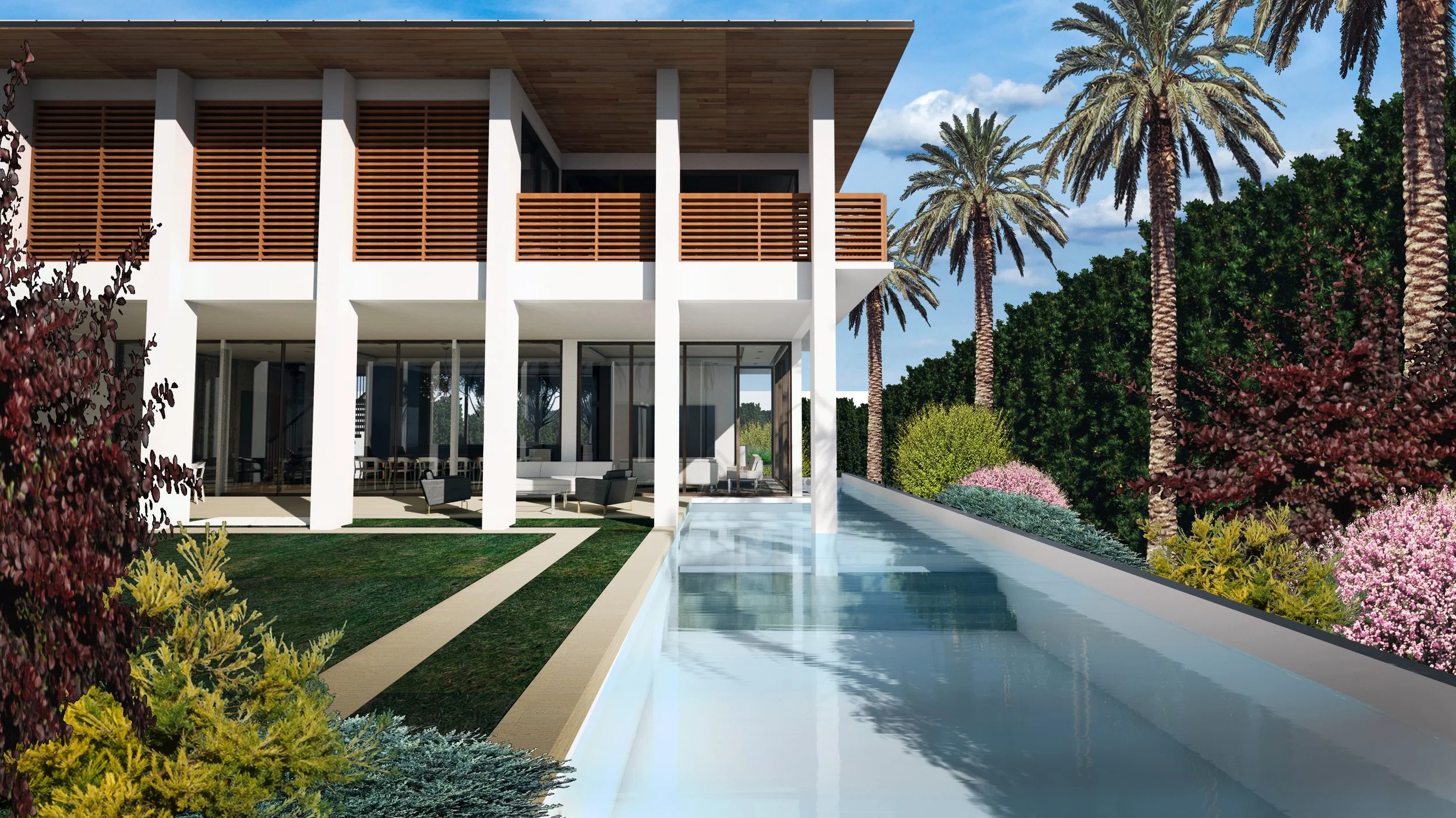 Modern house with large outdoor patio, tall palm trees, lush greenery, and a rectangular reflective pool in the foreground.