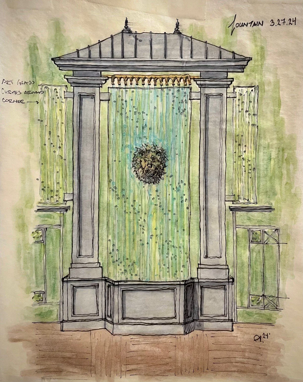 Hand-drawn architectural sketch of a fountain with decorative columns, a lion face water spout, and a waterfall feature, with notes indicating dimensions and design details.