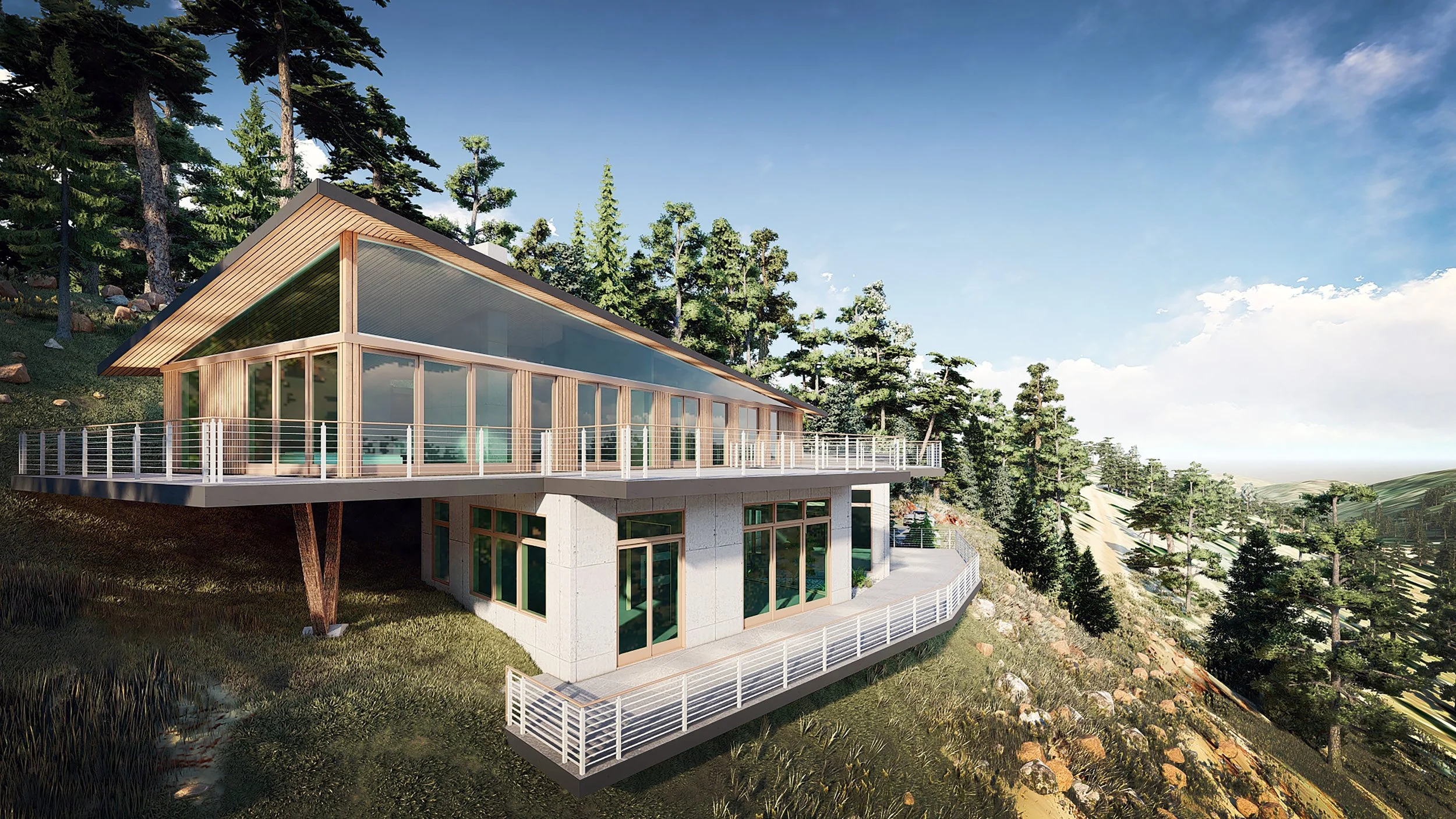 a sleek glass, concrete, and wood residence on the edge of a red stone cliff. terraced floors, large balconies, and floor to ceiling glass. a floating multi-plain roof appears to hover over the residence.