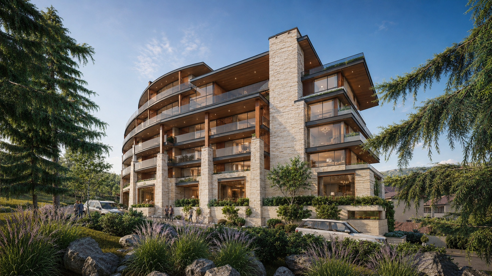 Curved Six Senses hotel and residences overlooking Mountain Village, Colorado.