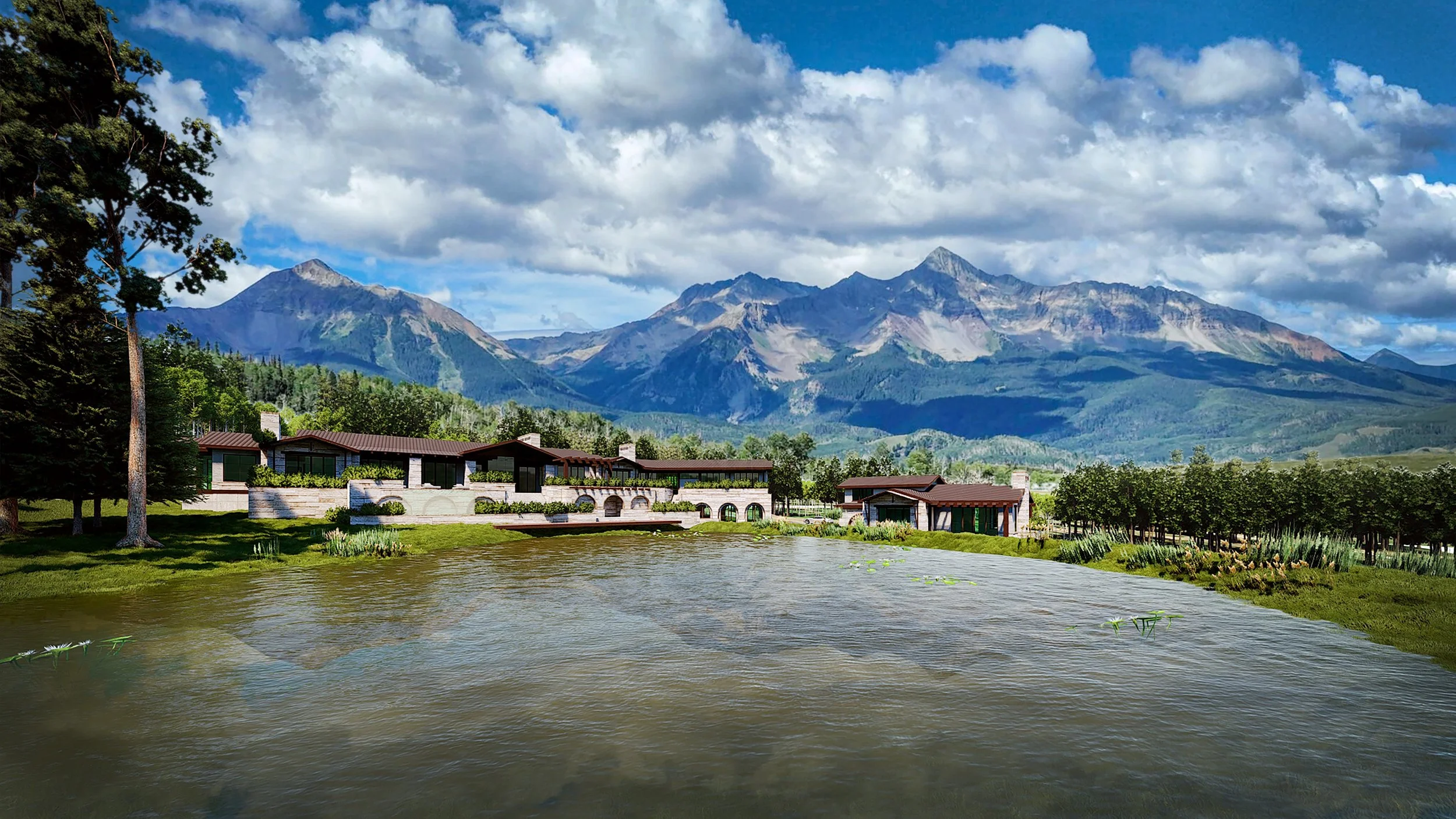 a sprawling mountain retreat viewed from across a man made water feature.