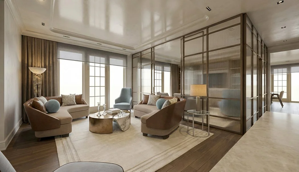 a contemporary interior inspired by the art deco ear of design. Furniture and decor from Minotti, Roche Bobois, Boffi e De Padova, FLOS Lighting, Global Views, Surya, Scalamandre, and Soho Home.  