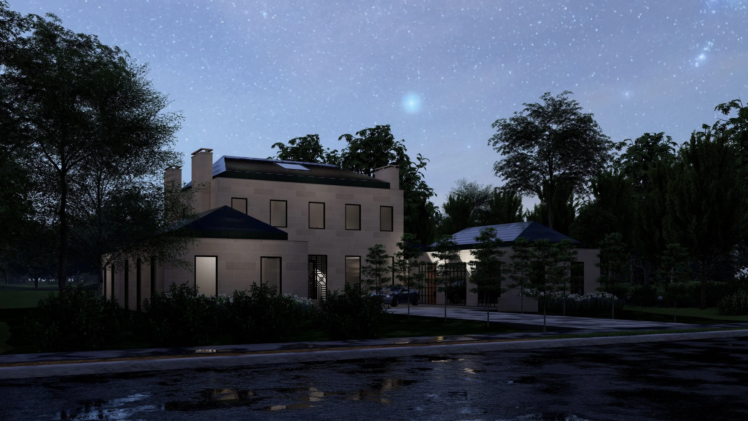 Nighttime view of a modern house with lit windows, surrounded by trees, under a starry sky with visible stars and clouds, with a wet road in the foreground.