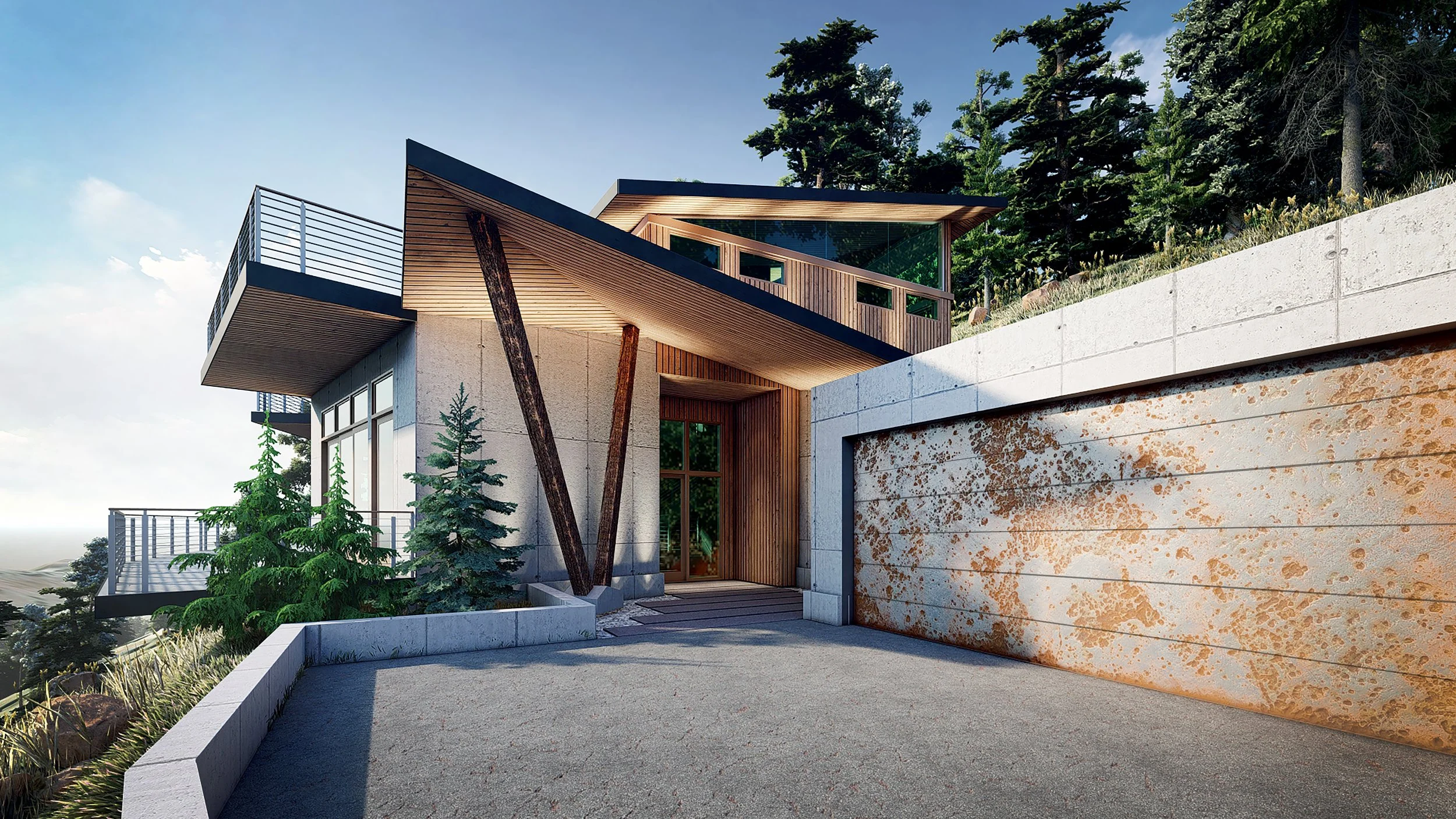 a dramatic entry sequence using heavy timber struts to support an angled roof.