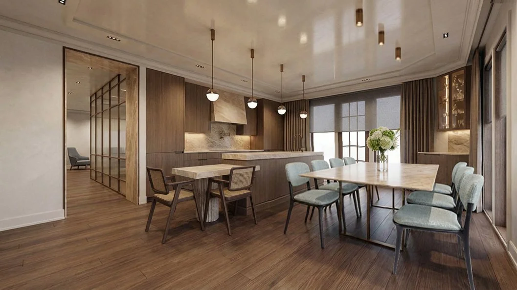 the art deco inspired kitchen has alabaster pendant lights and flush mounted bronze fixtures. natural warm stone and muted walnut cabinetry complete the look.