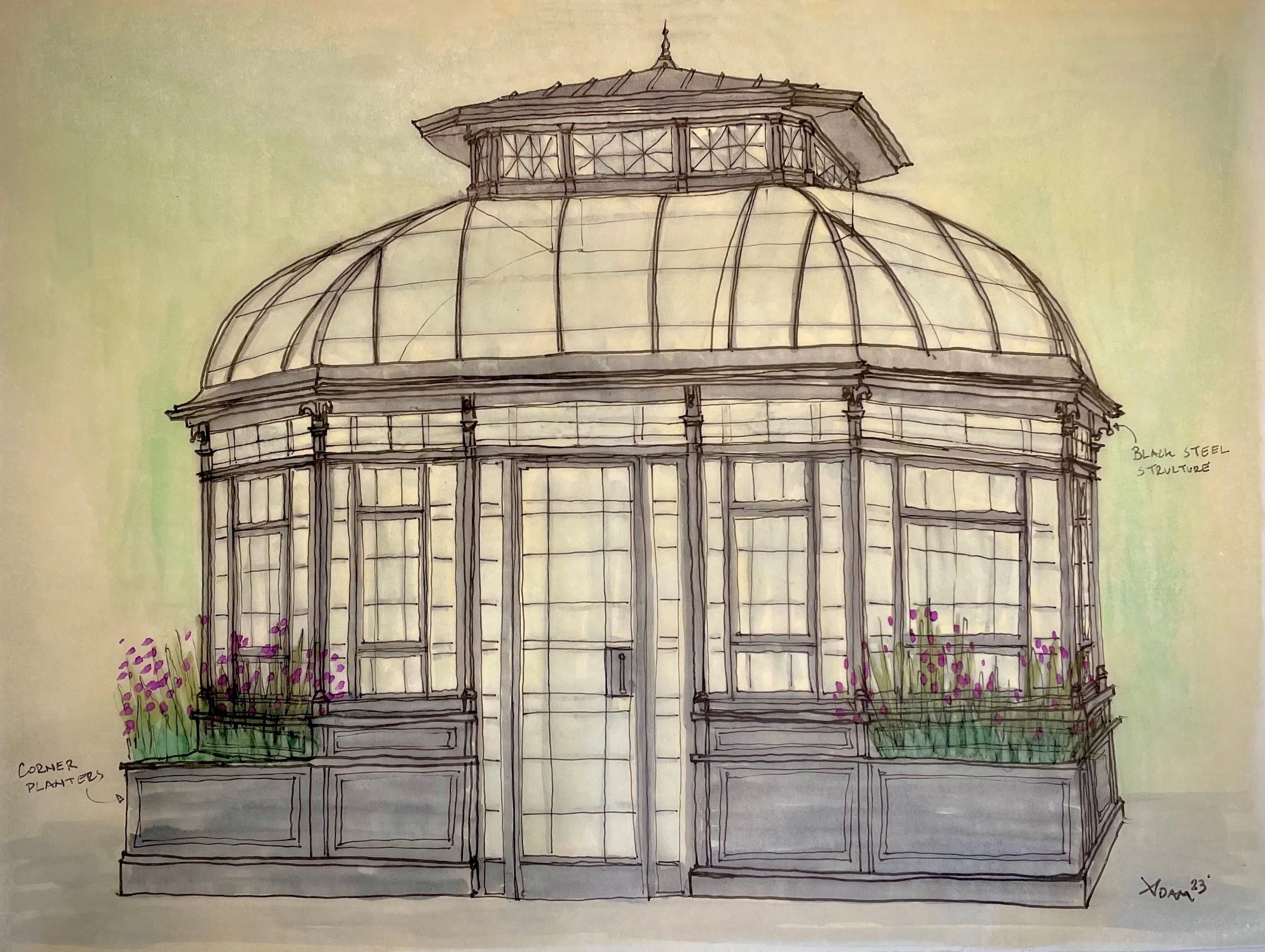 A detailed architectural drawing of a greenhouse with a domed roof, glass panels, and a small upper viewing area, featuring notes and labels, with plants illustrated at the base.