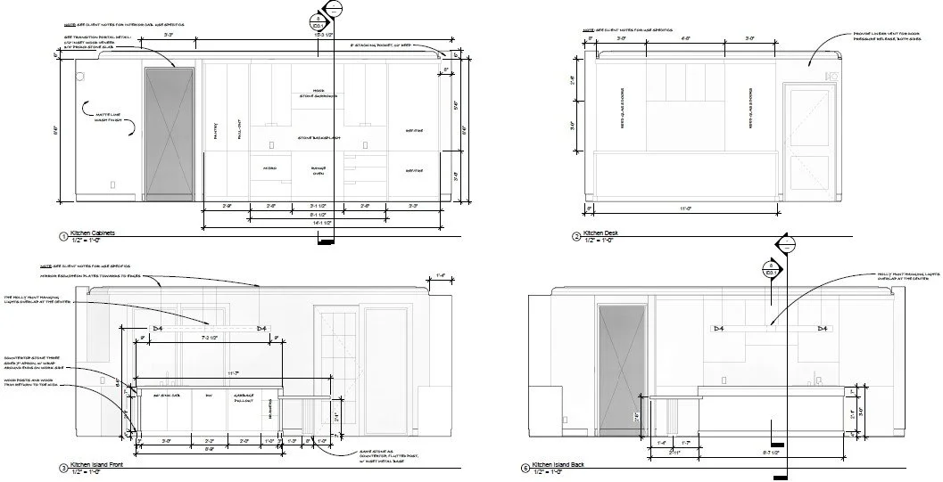 Detailed architectural drawings coordinating lighting, millwork, and interior construction.