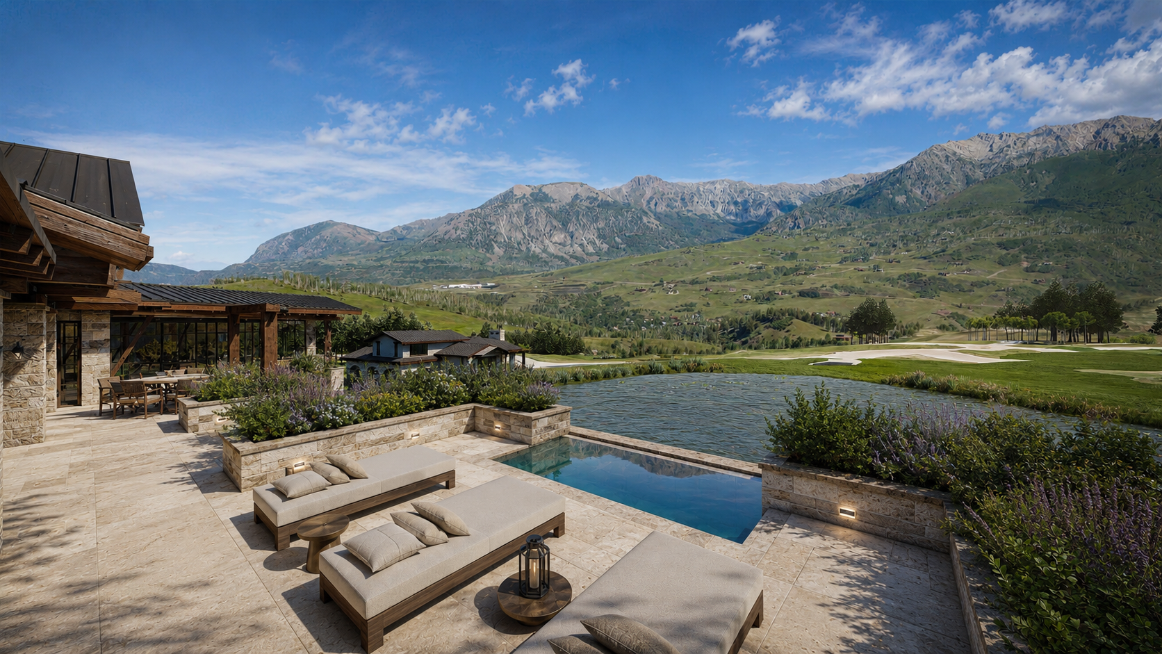 stone terrace with hot tub overlooking designed water feature