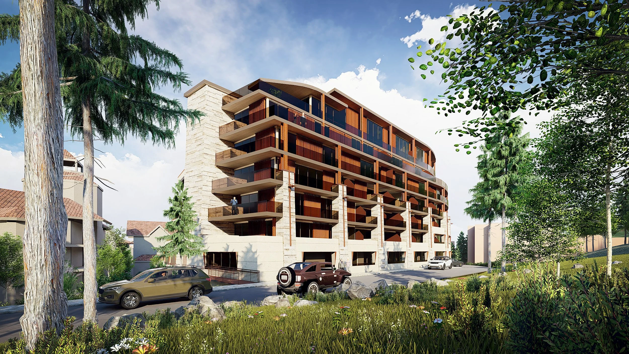 the side of the six senses hotel in telluride colorado. the facade employs local stone and corten steel, inspired by local and historic western architecture.