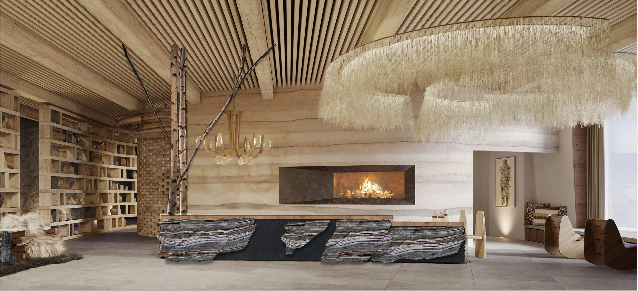 the interior of the six senses is calming and quirky with alternative materials like feather light fixtures and recycled wooden rocking chairs.