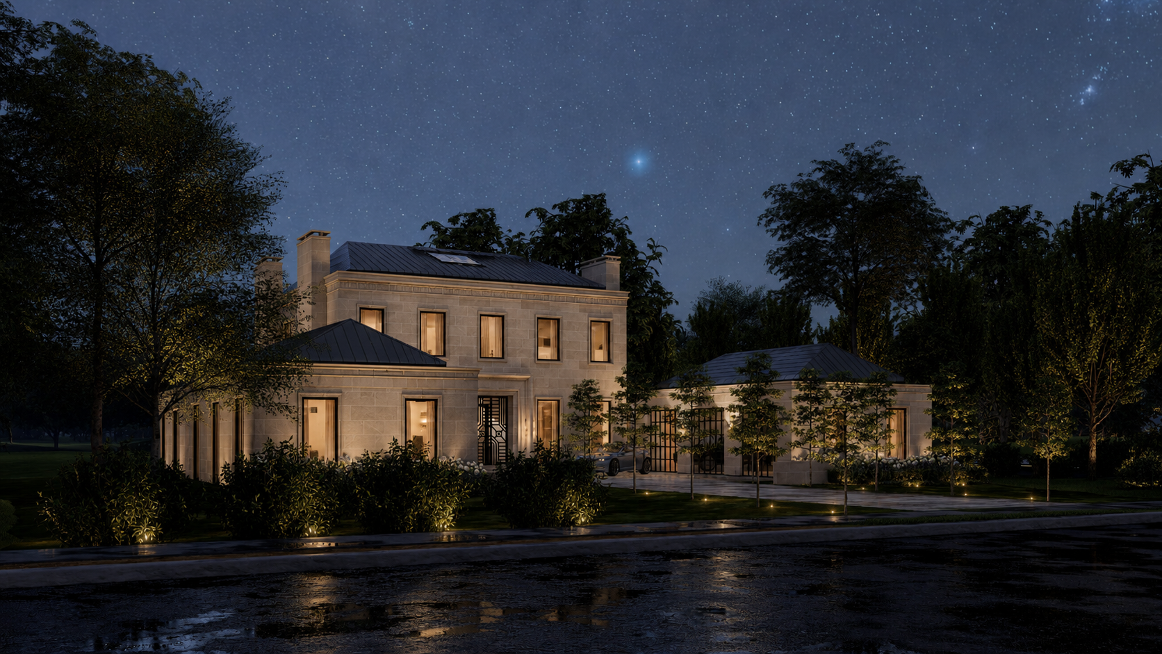 Contemporary limestone estate viewed from the motor court in Essex Fells, New Jersey.