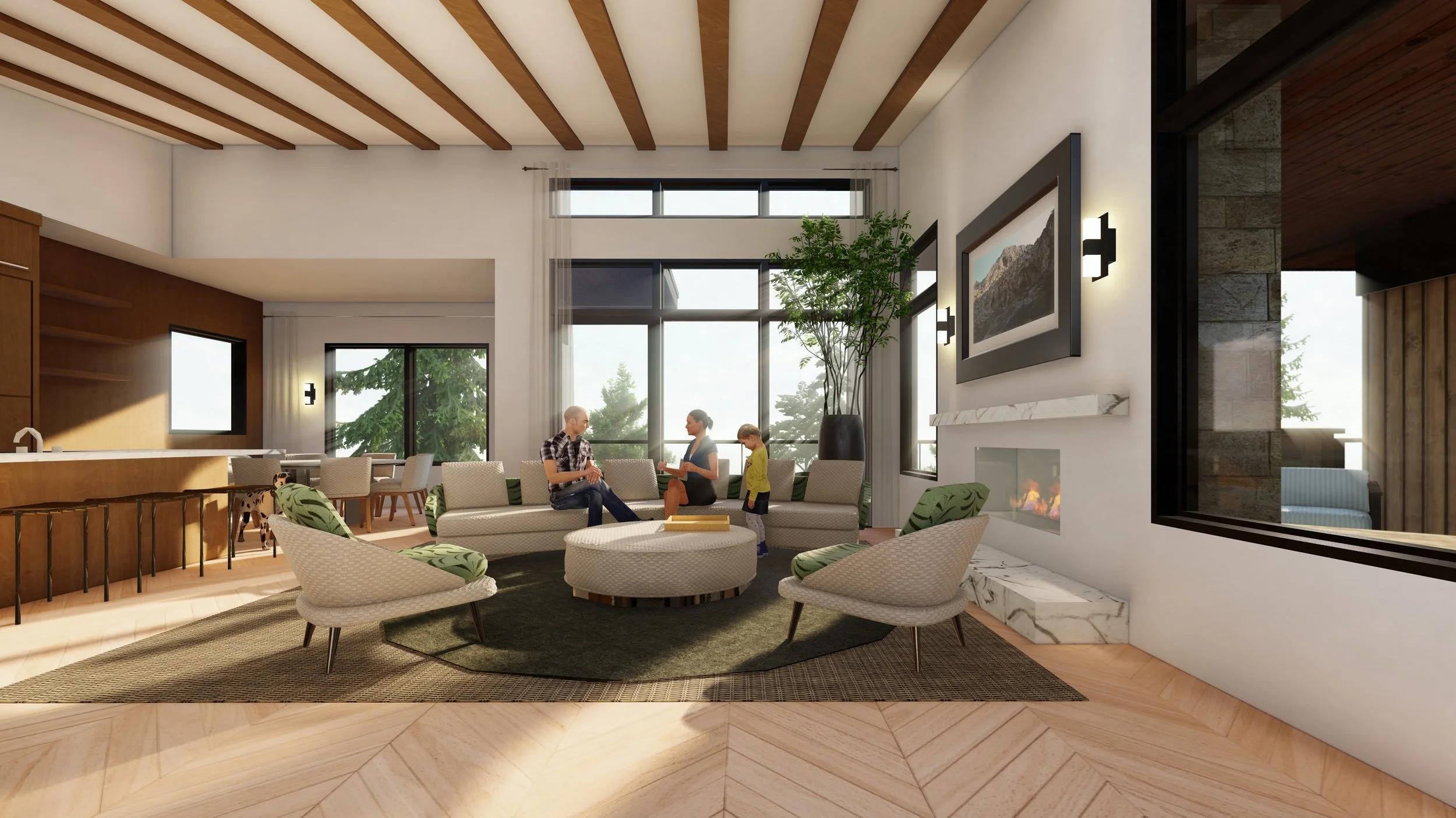 Living room with large windows, modern furniture, a fireplace, and a family of four sitting on a sectional sofa.