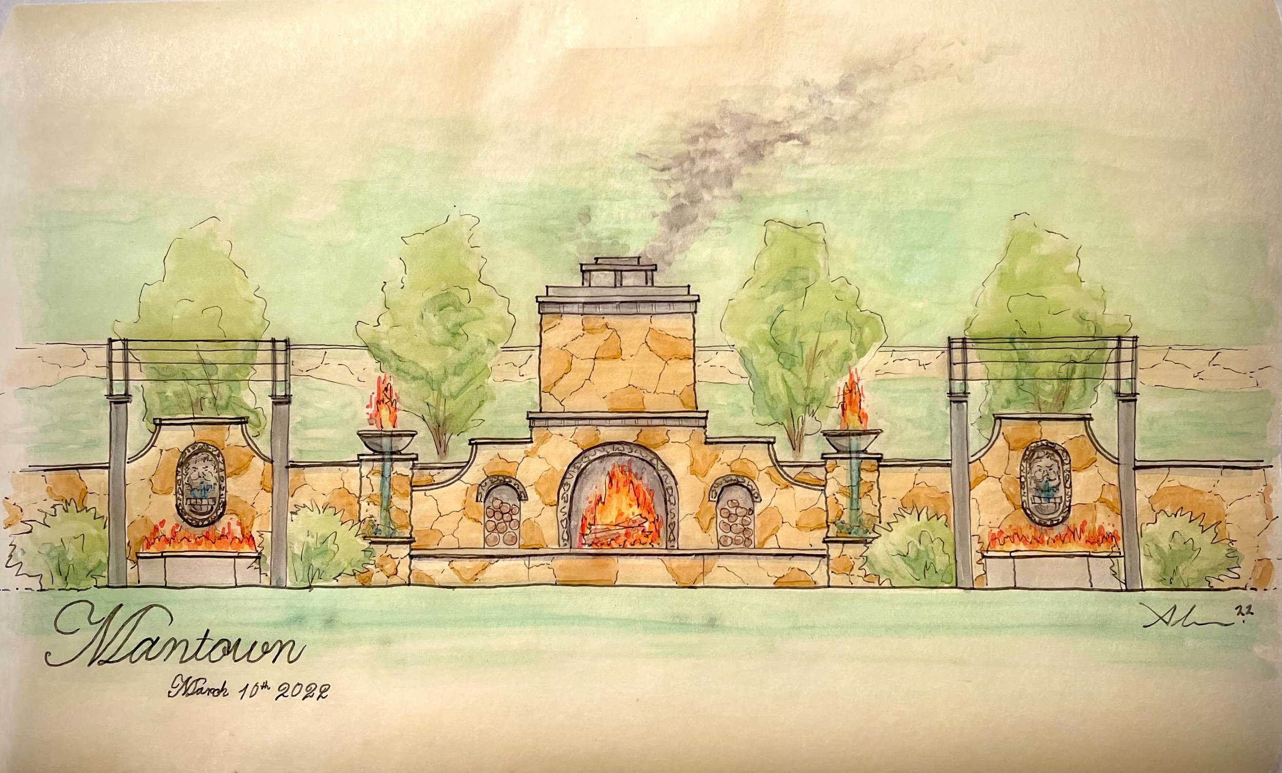 A detailed watercolor sketch of a decorative fireplace with a stone facade, surrounded by trees and flames, featuring plaques and ornate designs. Signed and dated March 16, 2022.