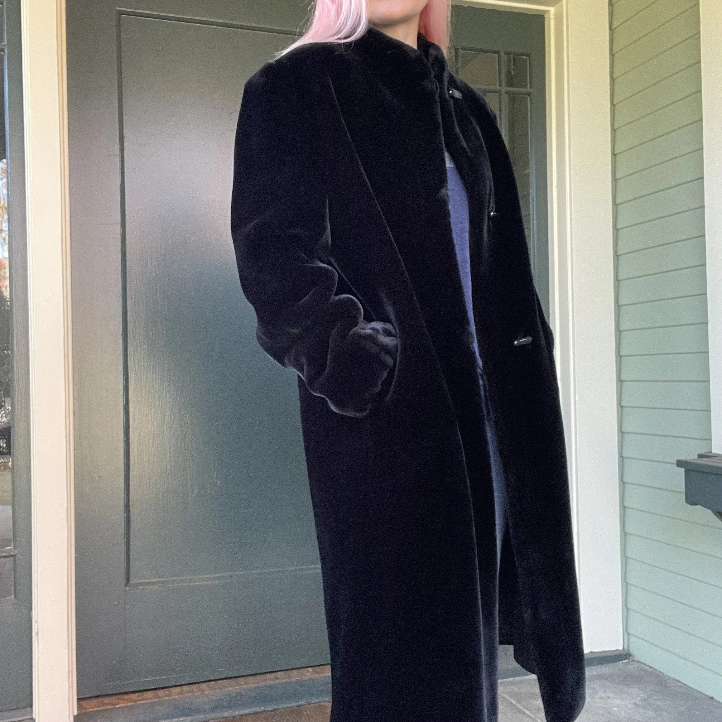 vintage 70s black maxi midi plush faux fur vegan deep pile