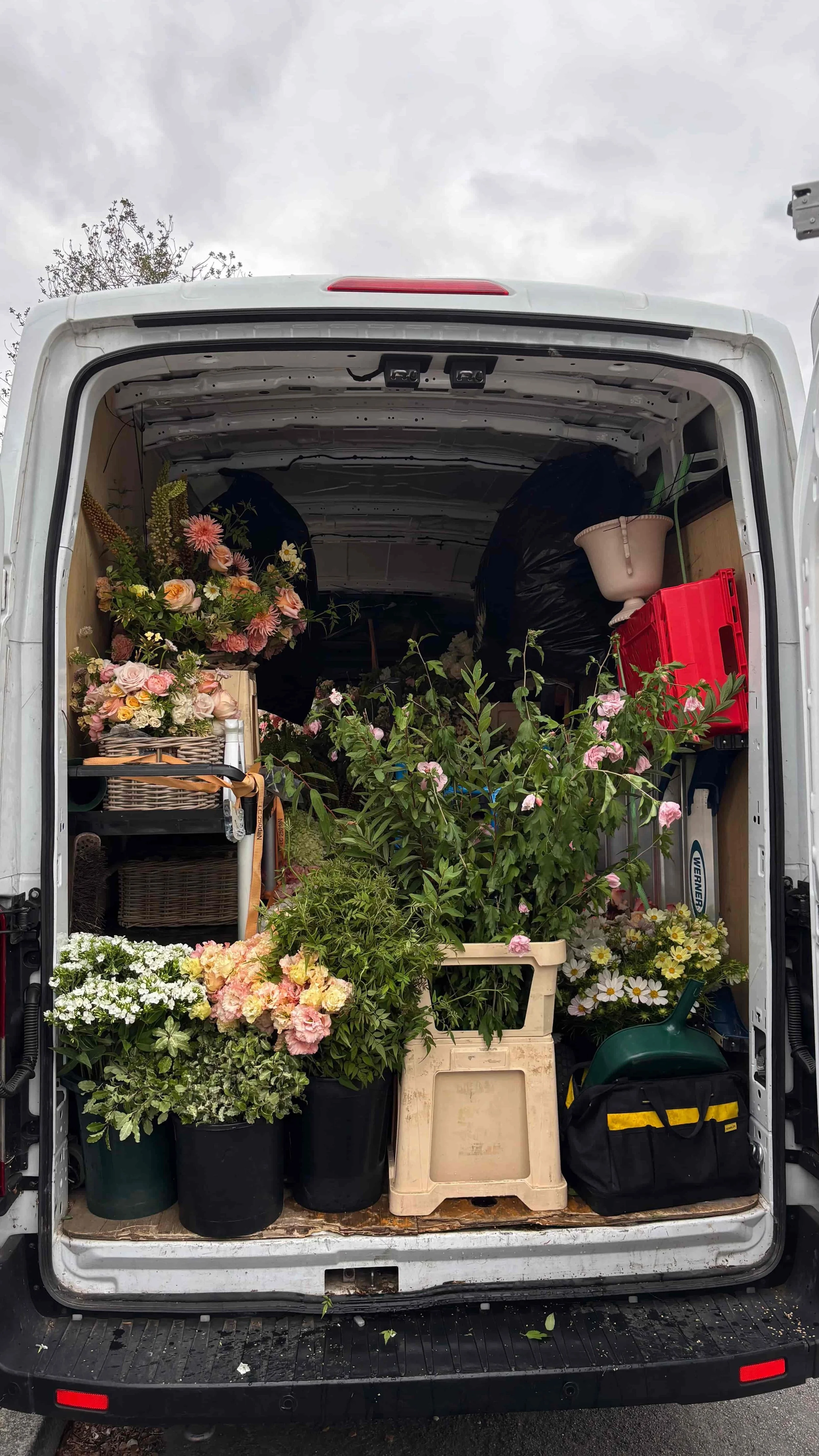Van packed with seasonal wedding flowers, foliage and floristry equipment ready for a summer wedding installation