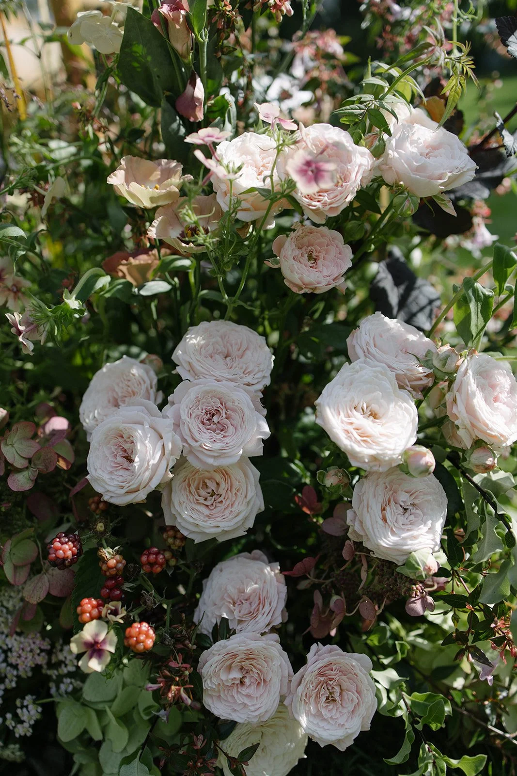 Luxury garden-style cluster of spray roses with blackberries and seasonal flowers at Cornwell Manor, styled by The Botany House wedding florist.