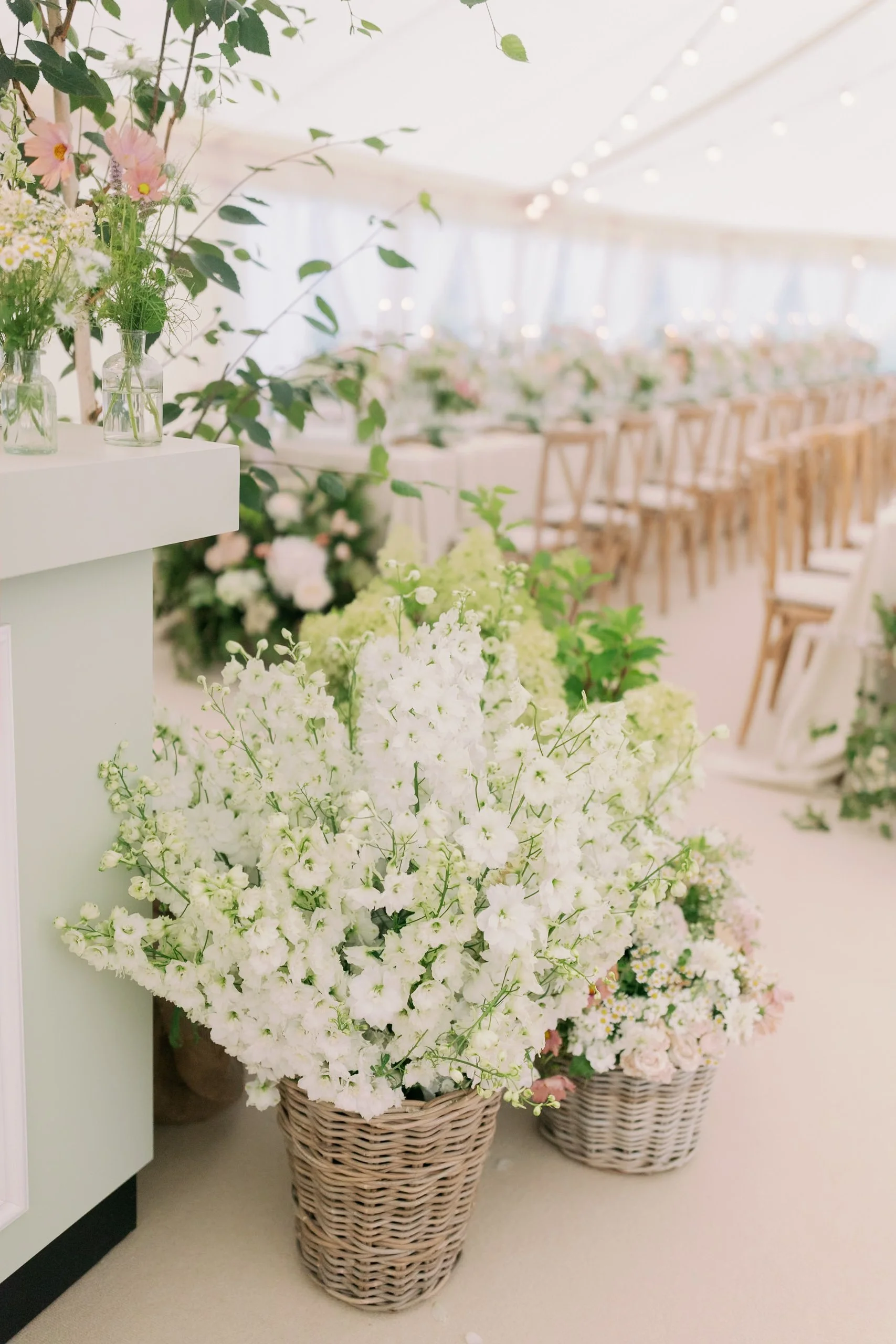 Arrangement of white delphiniums in wicker baskets on the floor of a decorated marquee with long tables and chairs.