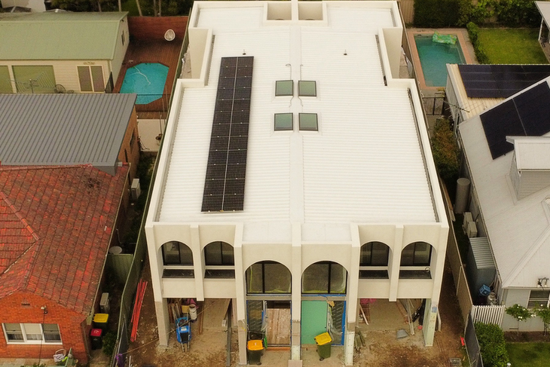 Aerial view of Kirrawee duplex showing construction progress and roof installation in Sydney