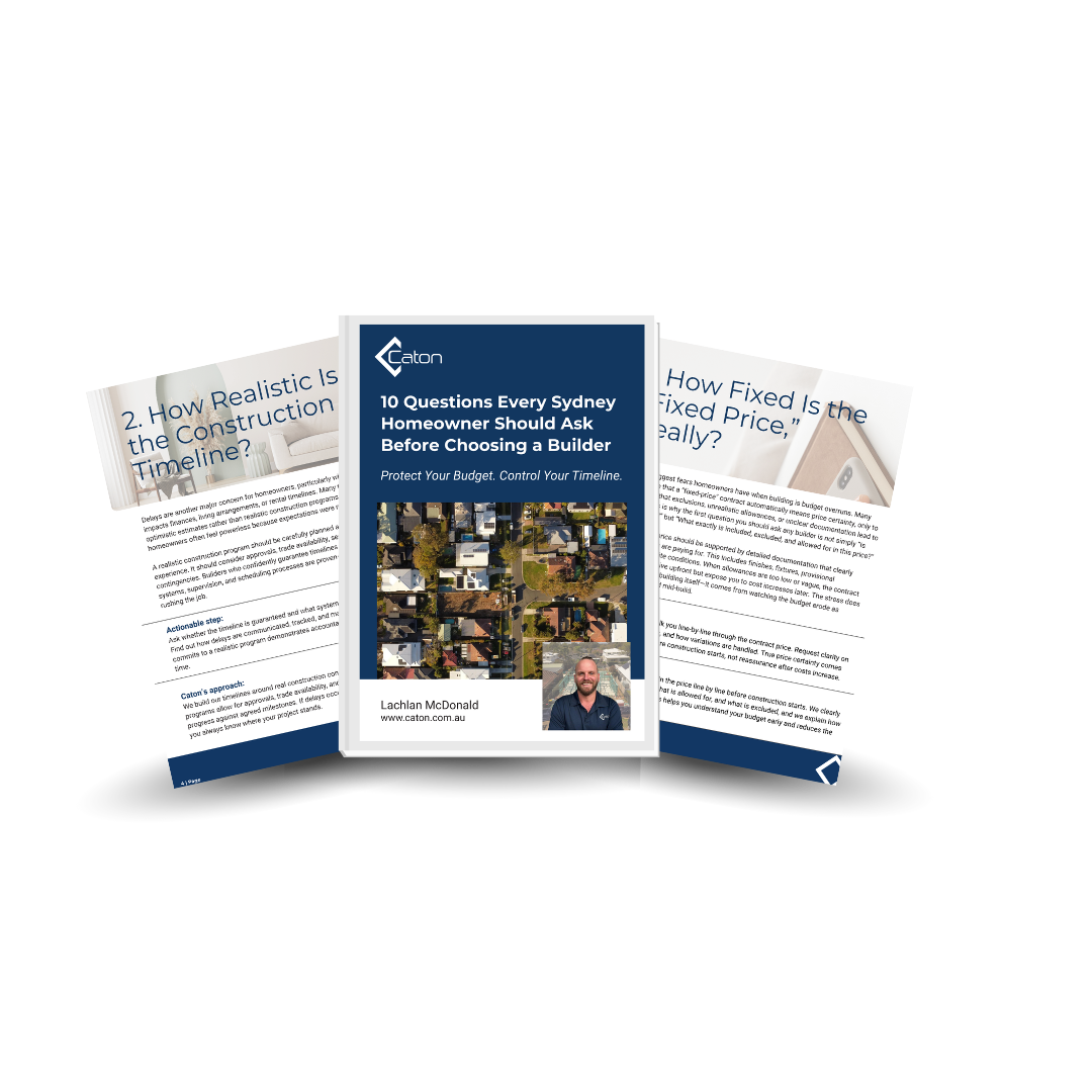 A brochure titled '10 Questions Every Sydney Homeowner Should Ask Before Choosing a Builder' created by Lachlan McDonald, with a cover photo of aerial view of houses and the logo 'Caton.'