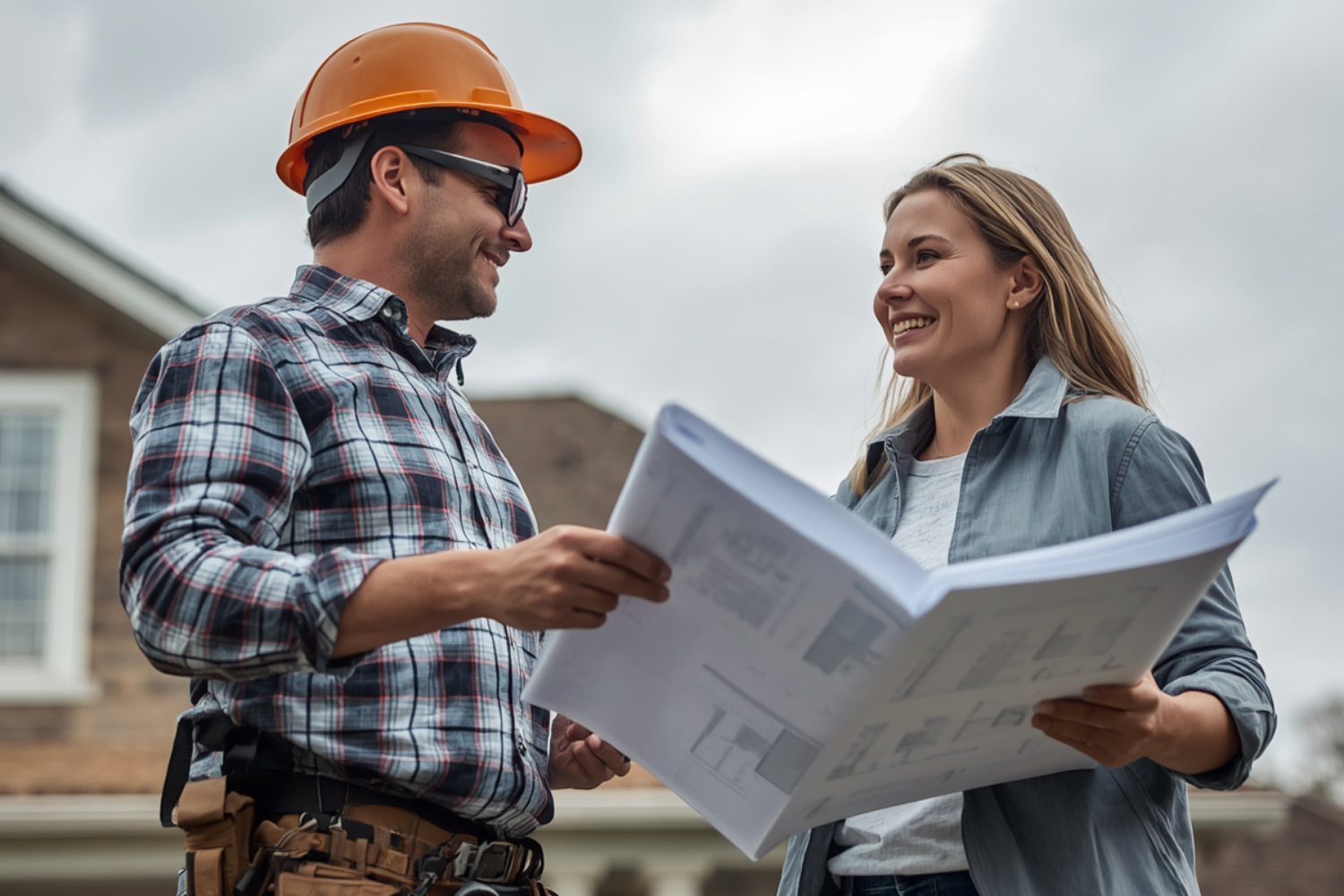 Builder and client reviewing house plans together during a consultation for a custom home in Sydney