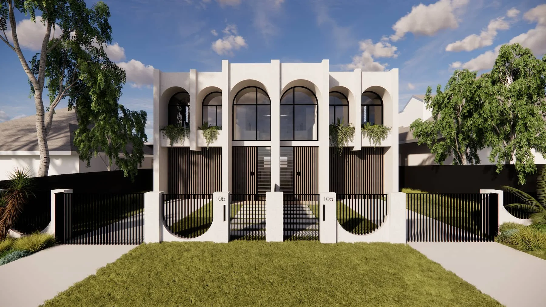 Modern duplex home front perspective in Kirrawee built by Caton Constructions